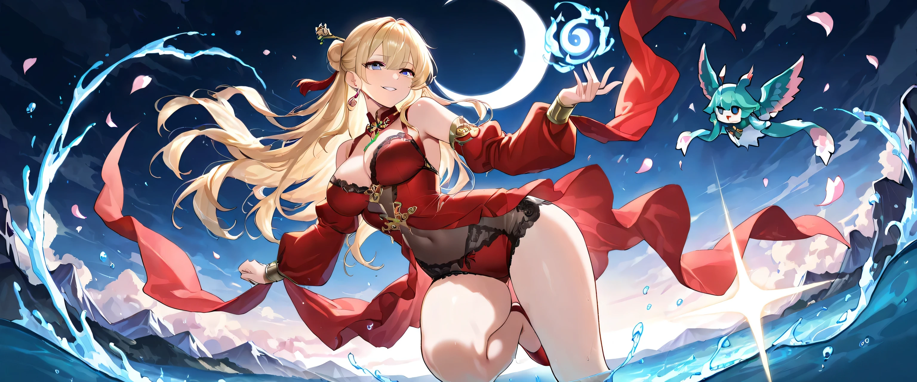 1 girl, animal_ear, arm_support, blonde_hair, chest, Explanation_request, crop_superior, full_body, Granblue Fantasy_fantasy, hair_以superior_shoulder, hair_ribbon, Harbin, High resolution, lean_forward, length_hair, looking for_in_viewer, Mahei_(Granblue Fantasy_fantasy), abdomen, Myoji_Namawe, Open_mouth, part of_Explanation, red_eye, ribbon, side lock, sitting, skirt, small_chest, 一人in, thighs, translinion_request, white_skirt, wide_sleeve