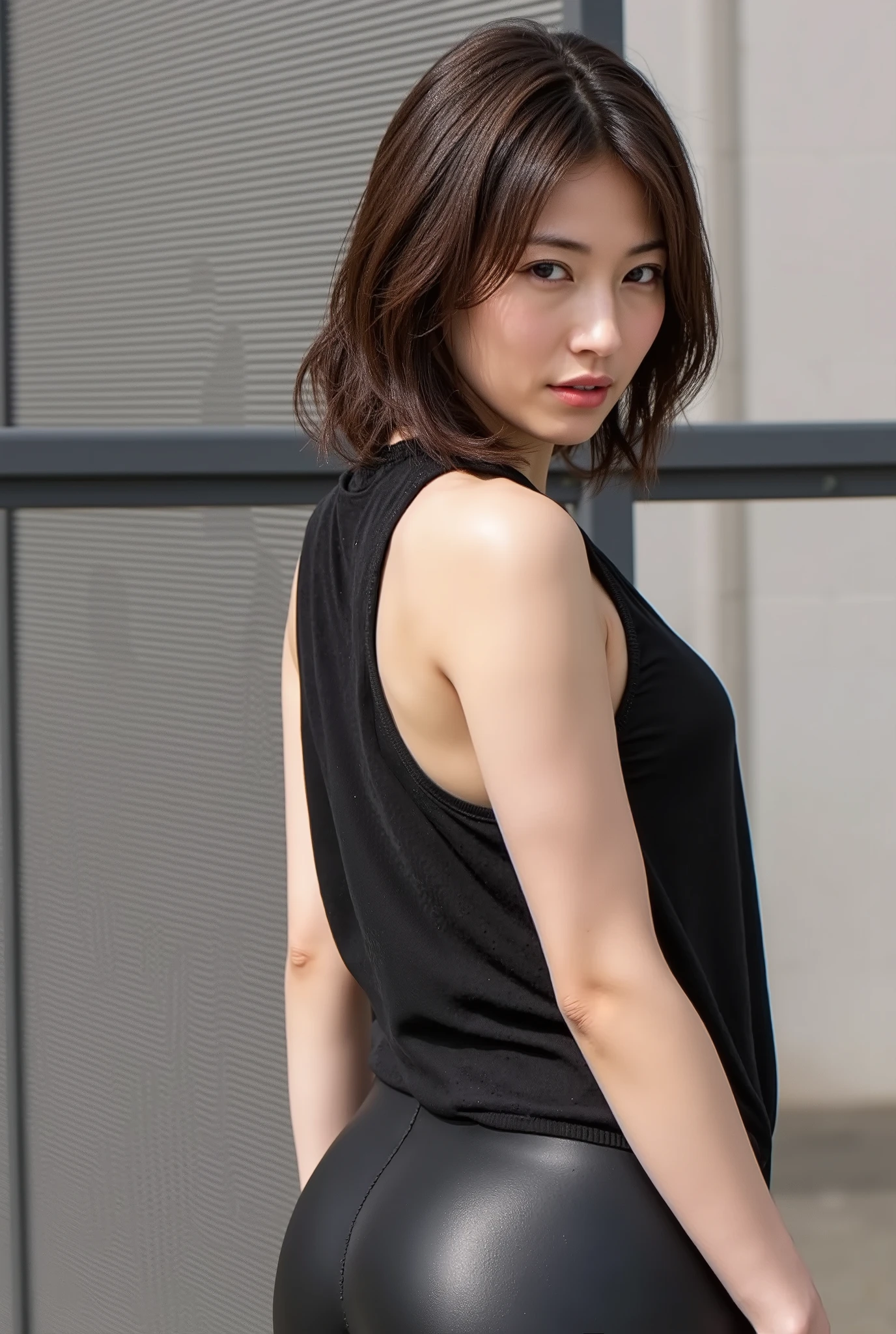 Beautiful woman with overwhelmingly beautiful short hair、active pose、tight bodysuit that fits the body、perfect body、mesh、see through
