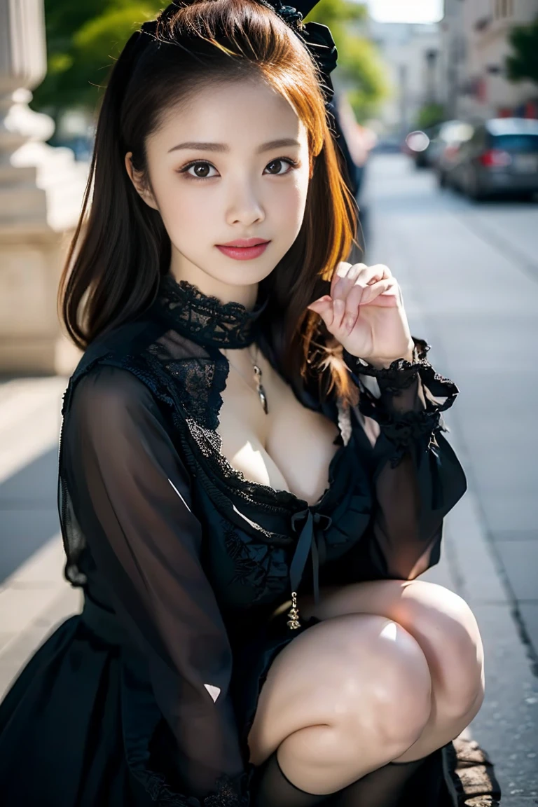 (realisitic、Photorealsitic:1.37)、(​masterpiece)、(top-quality:1.4)、(超A high resolution:1.2)、(Raw photography:1.2)、(foco nítido:1.3)、(Face Focus:1.2)、elegent、top grade、(full body Esbian:1.2)、(1girl in:1.3)、extemely cute and beautiful、(cleavage cutout gothic silk dress:1.3)、Inner Mini Long Skirt、(sexymodel)、(20yr old:1.1)、(Light grin smile:1.3)、(Glossy brown shorthair:1.3)、 [Bun Hairstyles]、 BREAK、(Colossal tits:1.15)、 landscapes、(Detailed Times Square Garden Midnight Street Background:1.2)、bangss、beatiful detailed eyes、looking at the viewers、Facing the audience、(extemely cute and beautiful)、(without makeup)、Clean face、heav breathing、perfect anatomia、perfectly proportions、detailed human body、mid night、image in center、symmetry、Pose Seductive、depth of fields、Detailed clothing、Frame the head、