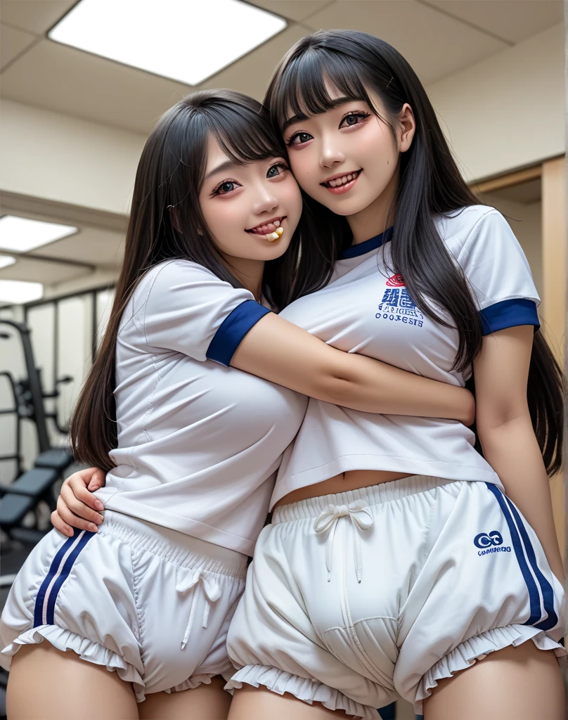 masterpiece, Highest quality, 8k, Young and beautiful girl, Baby Face、Big in clothes 、(((((()))))),((Large Breasts:1.3)o shoot, Cute Face, Thighs, classroom, Embarrassing、smile、No makeup, 10 generations, Detailed face, Background blur、Long Hair、Black Hair、Tight waist,((Gym suit, Realistic, White shirt, Bloomers:1.3))、Black knee-high socks,walk