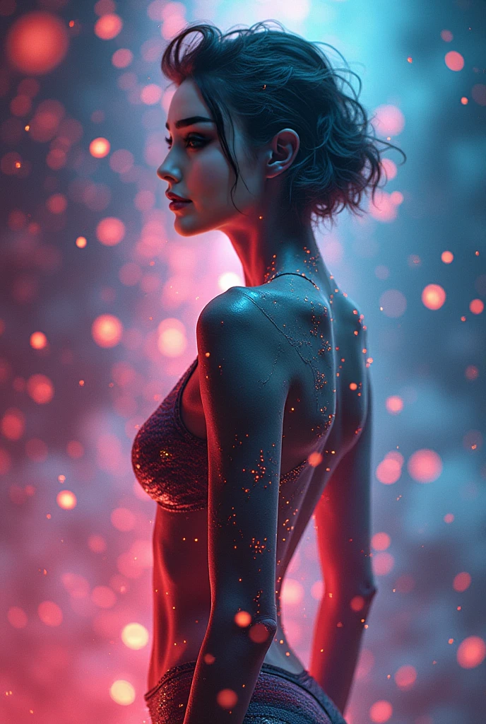 A woman with short blonde hair,lifted, resolucao 4k,skirt short, open leg showing the panty, magic background.