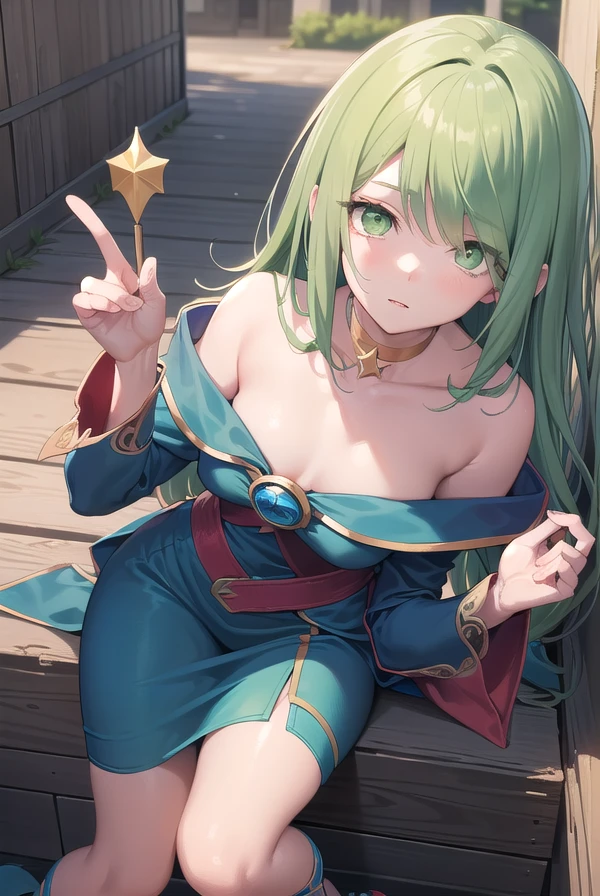 (((Combat Ready)))、((Cape))、((Green tattoo))、naked、(((pubic hair)))、Female organ、Beautiful woman、Green hair short ponytail、((whole body))、night、The background is the night forest