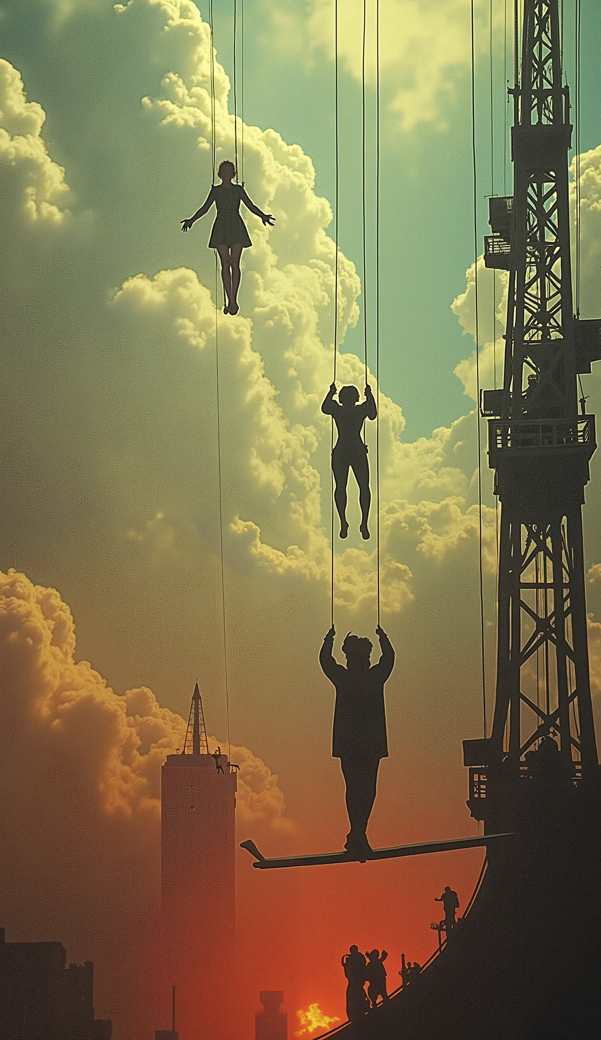 Surreal psycho pop. Intriguing people in the circus. Trapeze artists in action climb very high, Clockwork Orange film. Cinematic. 8K.