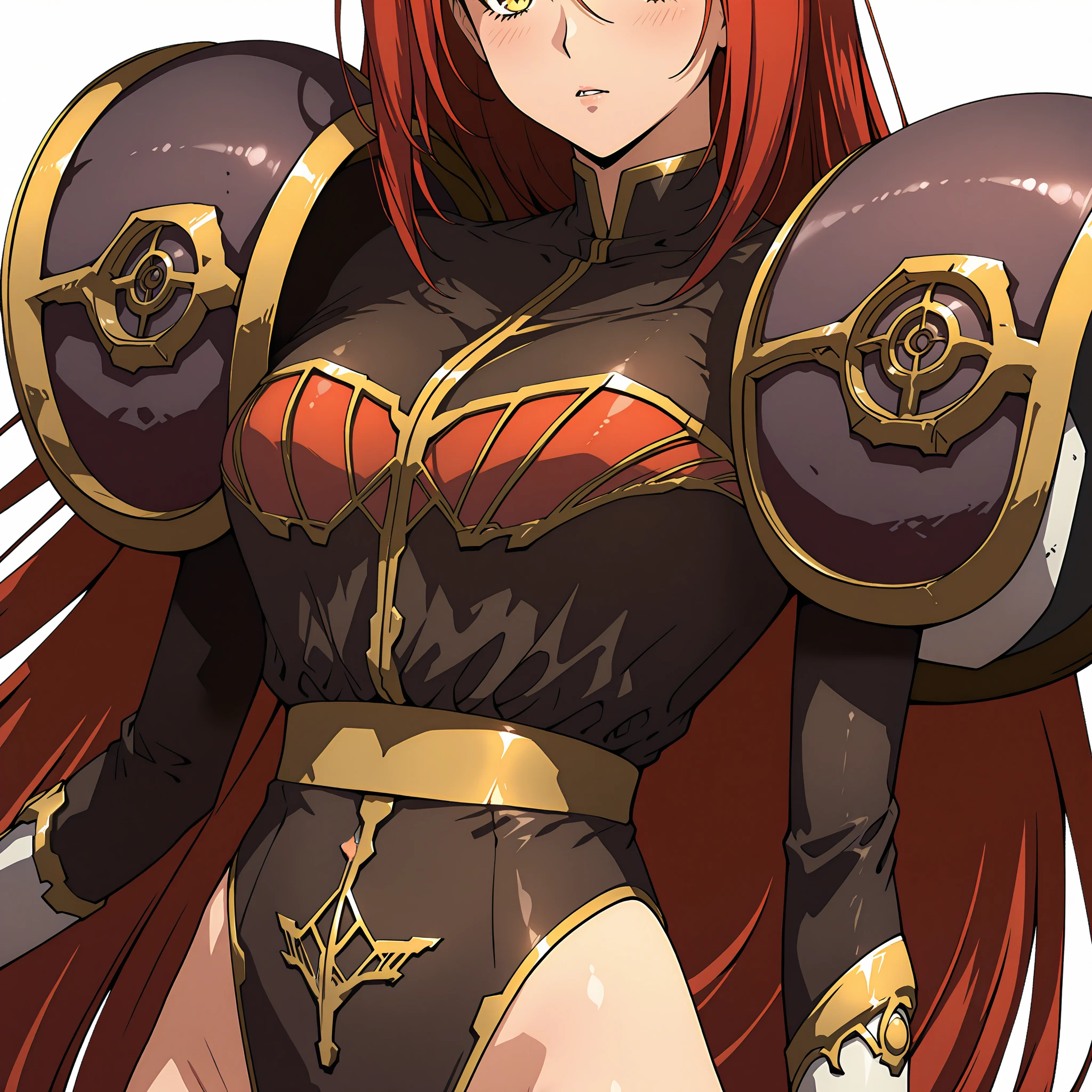 "(masterpiece:1.1), best quality,
1girl, (80s anime style:1.3), (eyelashes:1.5), (:1.2),
(intricate high detailed body:1.2),
(orange hair:1.1), (forehead:1.1), (long hair, drill hair:1.2), (headband:1.2),
brown eyes, (lip stick:1.3),
(dark skin:1.5), (gigantic breasts:1.5),
(grin:1.2),
(golden embroidery leotard armor, underboob cutout:1.2),
(knight armor, armored boots:1.2), (belts:1.1), (ahoge:1.2), neckwear,
standing, leaning forward,
(upper body, cowboy shot, looking at viewer, from front:1.1),
medieval tavern"
