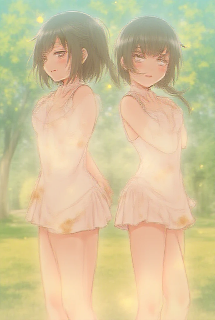 Very detailed, highest quality, High resolution, Moe Anime, ((4 cute girls with super droopy eyes)), (Black Hair:1.5), Blue Eyes, Sparkle in the eyes, (Big Eyes:1.4), (tareme:1.4), View your viewers, Focus on the face, In the park with cherry blossoms falling, ((The upper half of the body is a see-through , the lower half is naked)), ((nsfw)), ((Very short hairstyle:1.5)), (Slightly below:1.2), ((Flat Chest:1.4)), (arms behind back:1.6), (wide eyed:1.4)