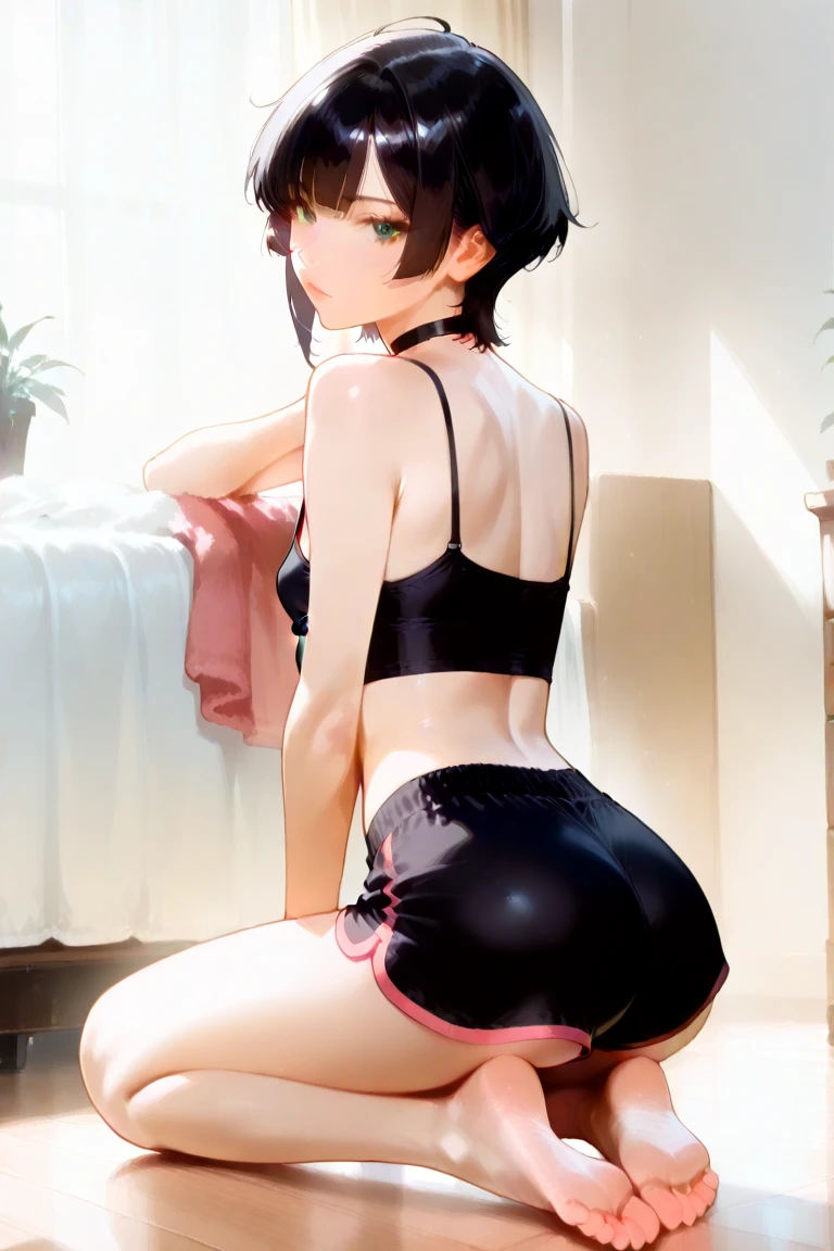 {masterpiece},{top-quality},{1girl},astonishing,beatiful detailed eyes,finely detail,depth of fields,extremely details CG,original, highly detailed wallpaper,Look at viewers, The bikini, 、femele、short-hair、((White sheer blouse、No black mini skirt))、Underwear bite、sexypose、Lower body slender、Rear view、Look at the window、stick out buttocks、On all fours、Buttocks facing this way、Provocative 8:57 Masterpieces、top-quality、female high-school student、