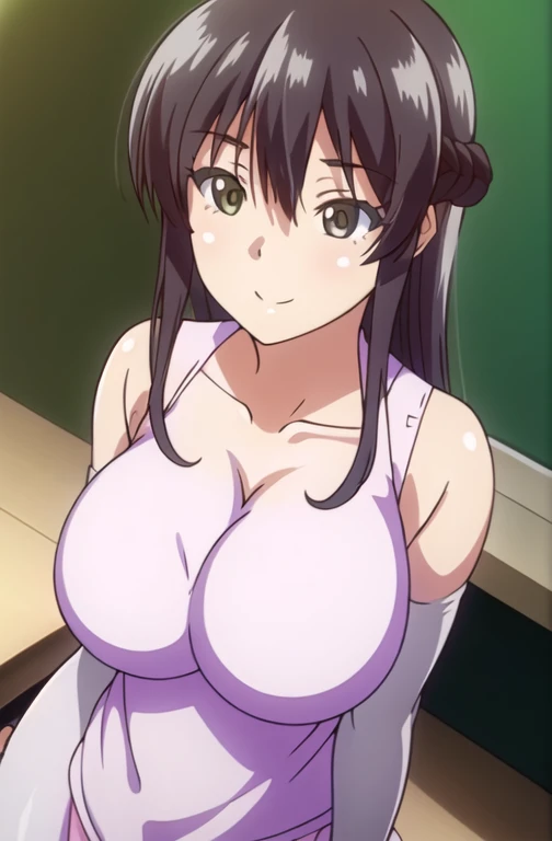 Anime screenshots, masterpiece, Highest quality, High resolution, 2D, cheer up, Highest quality, High resolution, 1 Female, Ryoko Mikado, White, skirt, Knee socks, (Large Breasts:1.2), blush, smile, Cleavage, View your viewers, From above, Chair, Sitting, widow
