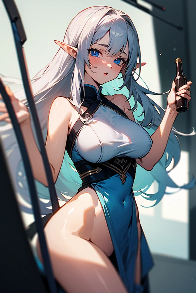 (masterpiece, best_quality, ultra-detailed, immaculate:1.3), epic, illustration, welcoming, 1girl, warlock, elf, platinum hair, Beach Waves, casting spell, simple background, on top of a creepy, sky skyscraper, bombshell hair, matte auburn hair, Bun, standing on shoulder <lora:EnvyBeautyMix30:1>