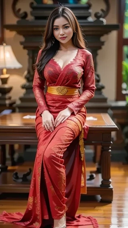 Tina emerged in a vibrant kebaya of crimson and gold. The intricate embroidery cascaded down her bodice, evoking a regal air. She posed gracefully, one hand resting on her hip while the other gently held the flowing skirt. Her eyes sparkled with a seductive allure as she gazed into the camera, capturing the essence of Javanese courtly beauty.