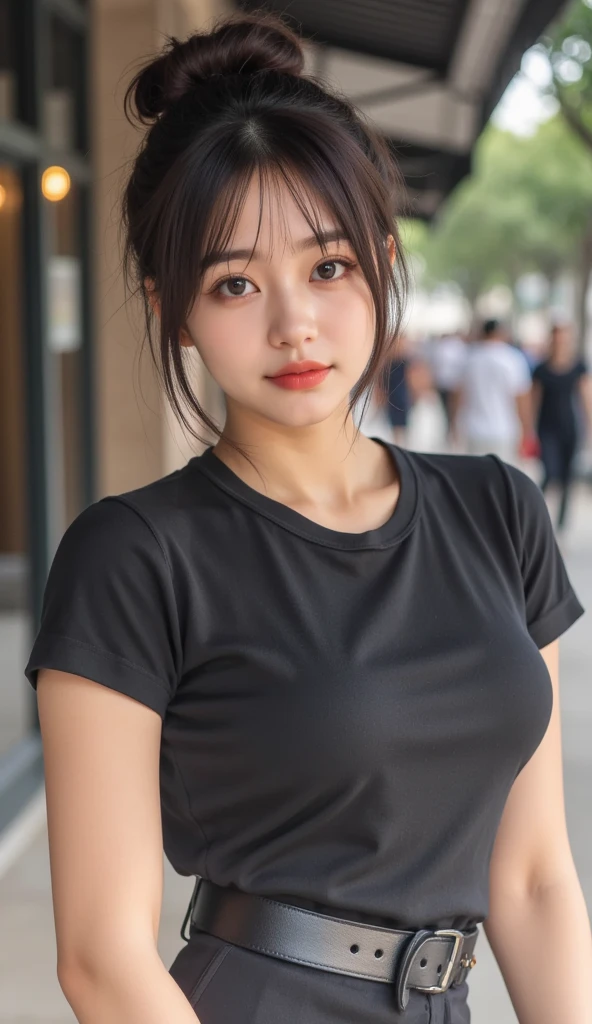 A Chinese woman at night on the rooftop of a tall building, fluffy hair, delicate face, bright, real girl, large aperture, wearing gray yoga pants, tight trousers,Otherwise, melon-faced, with double eyes, double eyelids, long eyebrows, long eyelashes, a slight smile, 32 inches in the chest, and a very nice face,  white short-sleeved yoga shirt, close shot, plump, slightly fat, standing, frontal,