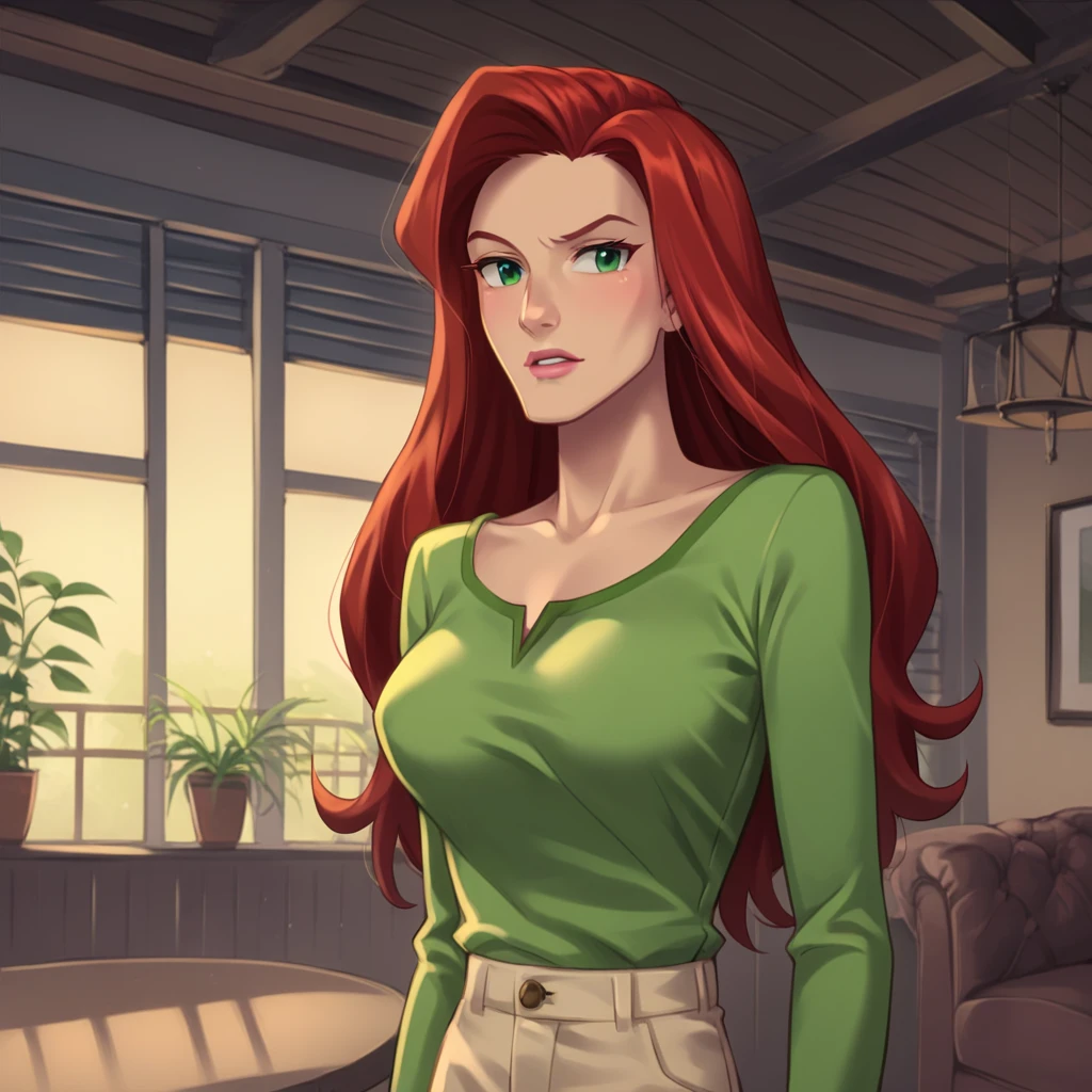 Pony XLV6_INTERVAL scores (Perfect Anatomy, perfect eyes, cowboy shooting) BREAK Jean Grey, long hair, red hair, GREEN EYES, batom, maquiagem, flertando, raised eyebrow, ((looking at the spectator)), joalheria, brincos, gargantilha, vestir, pulseiras, big breasts, curva, tonificado, athletic, sexually suggestive pose, standing at a luxurious bar, indoors