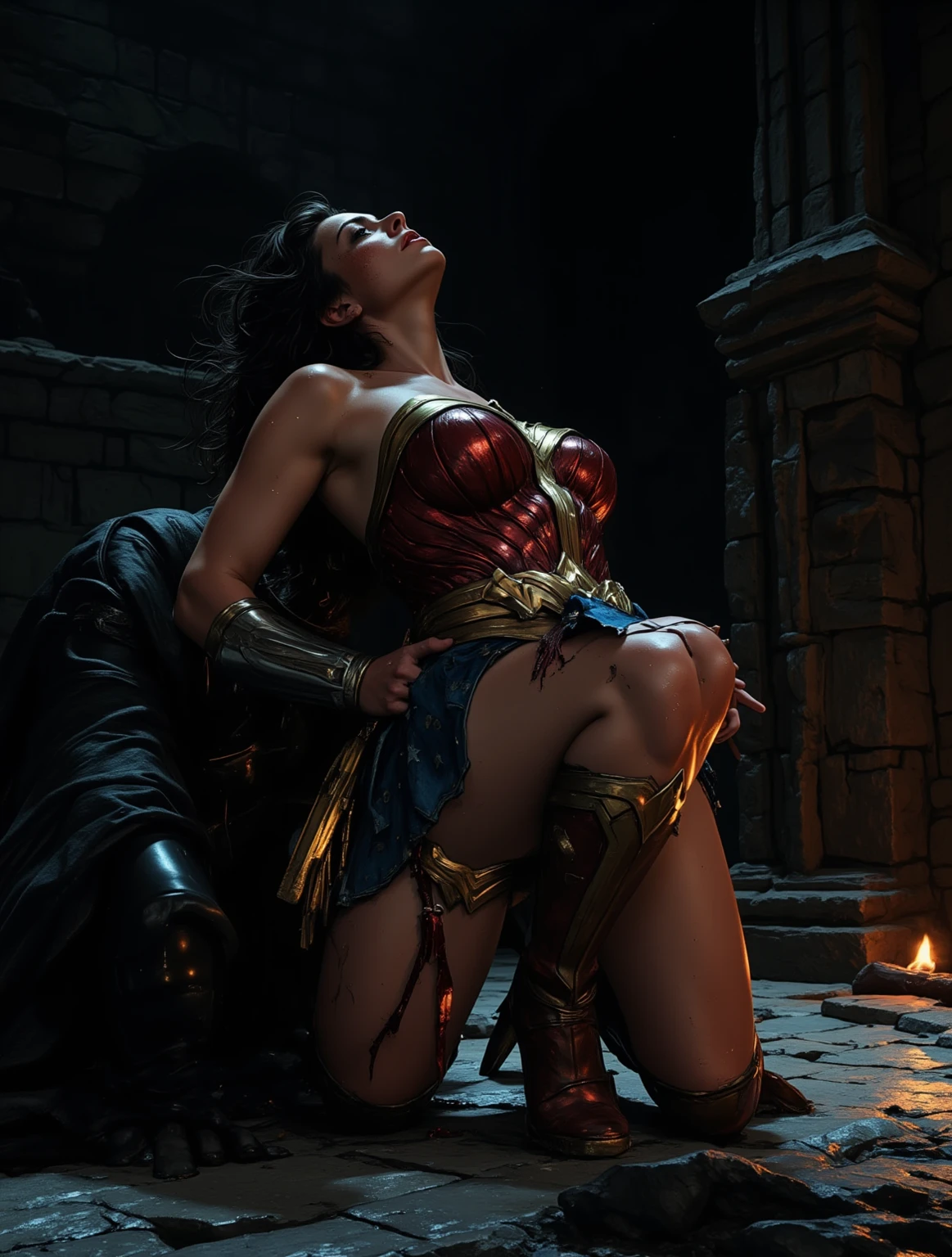 Wonder Woman tied up by a thousand soldiers, (crowded), ((ten army in background), tied up, Wonder Woman Costume, Restrained, BDSM, (two soldier tied her up), (stand up), spread leg, (scream in fear)