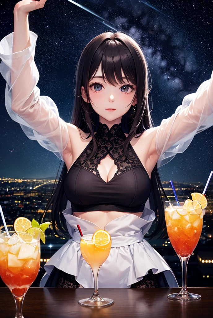 Detailed illustrations、a side profile of a woman drinking from a shot glass、The drink is a universe where planets shine、black bobbed hair is fluttering、Beautiful cleavage