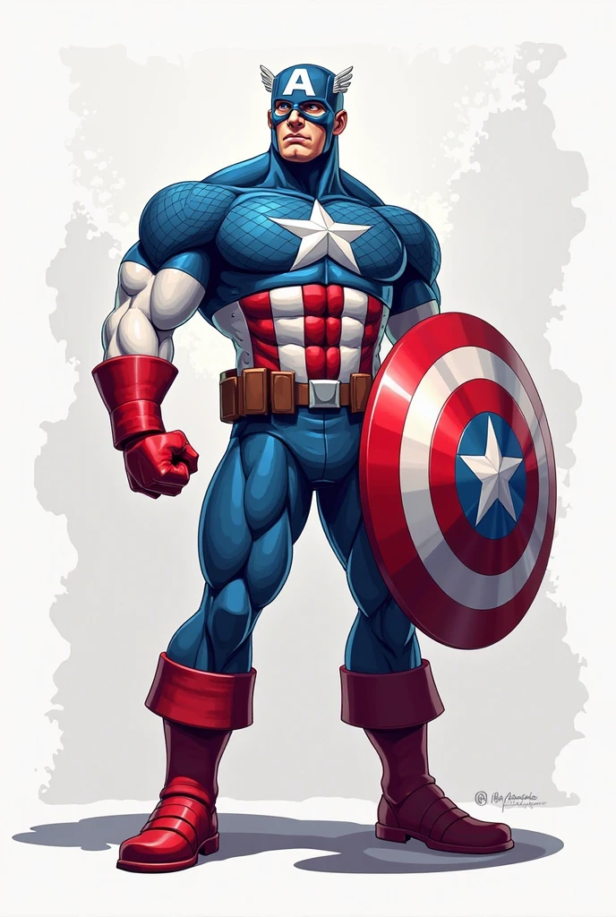 drawning, bright coloured, capitão AMérica estilo u.c.M.,  white background, fully body 