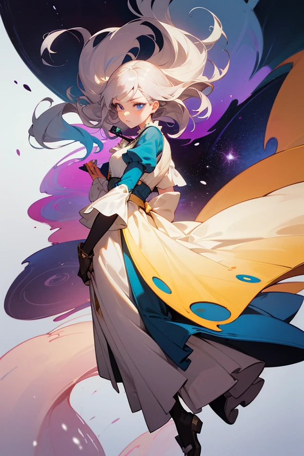 1girl, fringe, white eyes, tornado, wearing a white transparent robe, holding a glowing white sword, strong wind around her, tornado in her hands, in the clouds, flowing in the clouds, whirlwind, flying, day time, blue sky, twin drills, shiny hair, halo, glowing eyes, angry, serious, evil, anime, Action painting, anime style, blurry, sparkle, motion blur, depth of field, cinematic lighting, film grain, drop shadow, Fujicolor, silhouette, speed lines, masterpiece, anatomically correct, high details, best quality, high quality, highres, shiny white