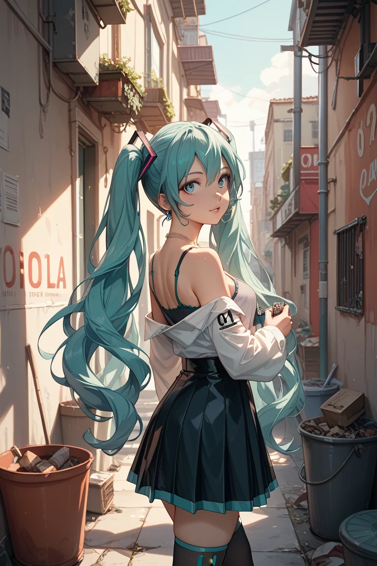 one girl,Blue hair with twintails,beautiful eyes,anime girl,stick out tongue,Wear a dress,photo from behind,drooling from the mouth,body is wet,erotic eyes,cheeks are red,Background of residential area,Whimpering,Tears from the eyes