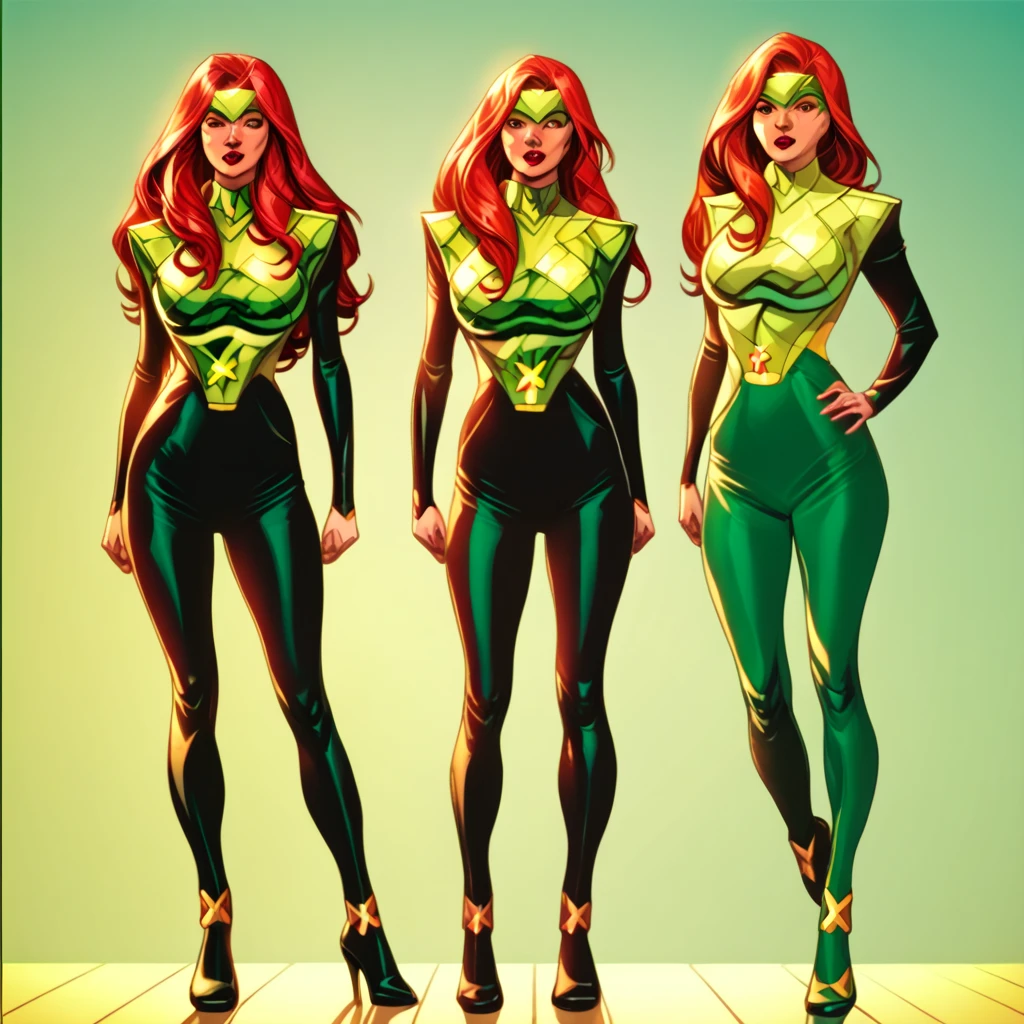 full body photo, jeangreyCostumeEvolution, 1 menina, long hair, body , red hair, lipstick, big breasts, GREEN EYES, maquiagem, Retro style, lips, cowboy shooting,pretty face, perfect skin, levitando,