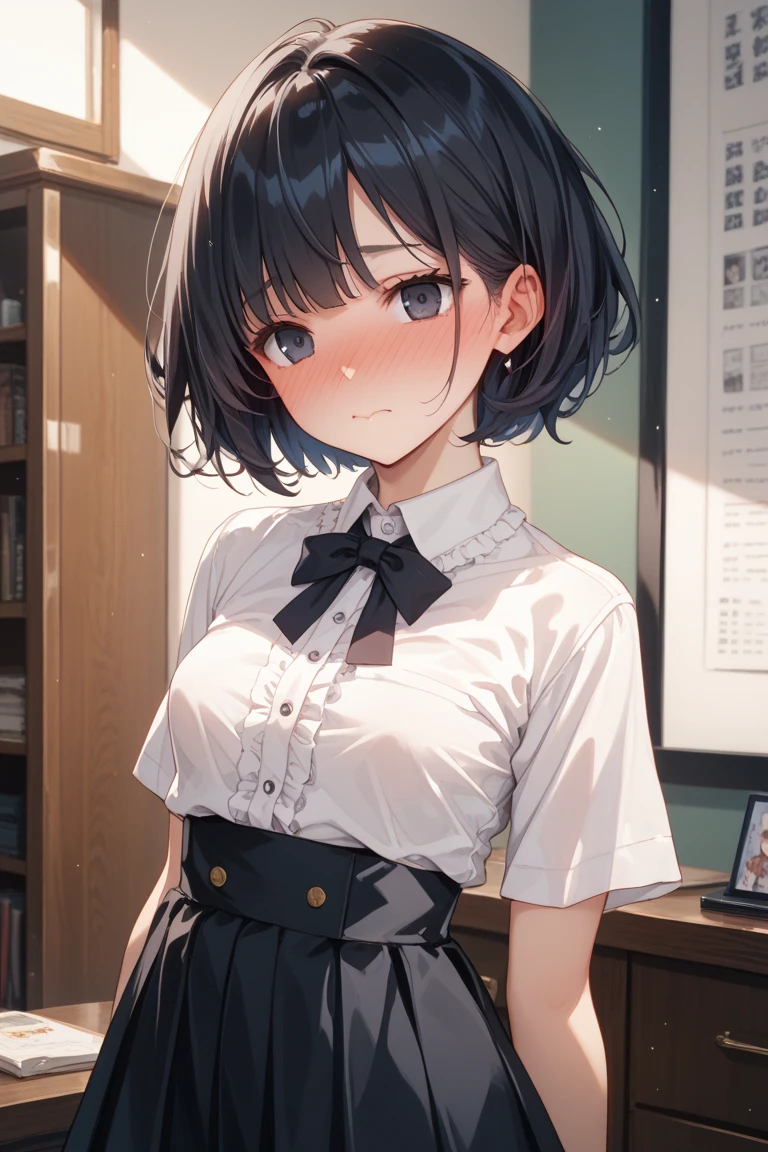 A high school girl with short-cut hair in a mini-skirt uniform whose blouse is wet from the rain and her pink bra is visible, making her look embarrassed.