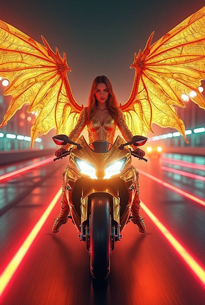 A beautiful, athletic Aphrodite rider in full gear, looking down ahead as you speed along a bright foggy forest road, an athletic Aprodith, puppet armor. The dress has a futuristic spectrum neon effect., holding a large futuristic wing cannon and emitting,puppet magic. hyper-realistic.
,bright futuristic chrome motorcycle with a sleek futuristic design, blue-red details Phycodurus eques with a unique geometric frame design and large tires,