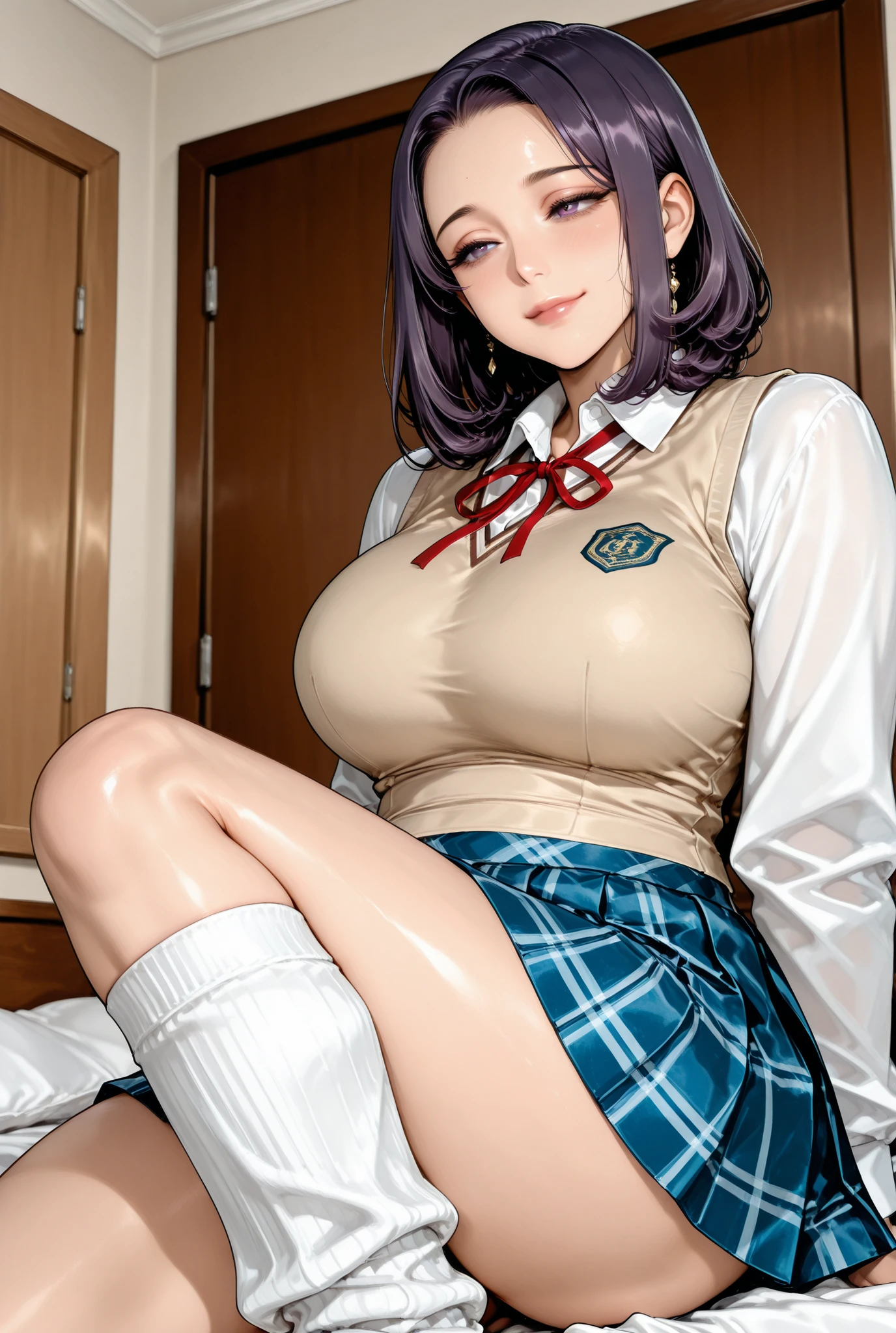 masterpiece , Highest Quality , one mature woman , solo , mom , Mother , plump body , cosplay , fine blue plaid mini pleated skirt , loose socks , white shirt with collar , red ribbon , beige vest , Japanese schoolgirl uniform , Medium Hair , purple hair , dark hair color , purple eyes , put hair together in a low position , Hairstyle divided at the center , Forehead , big breasts , bedroom ,