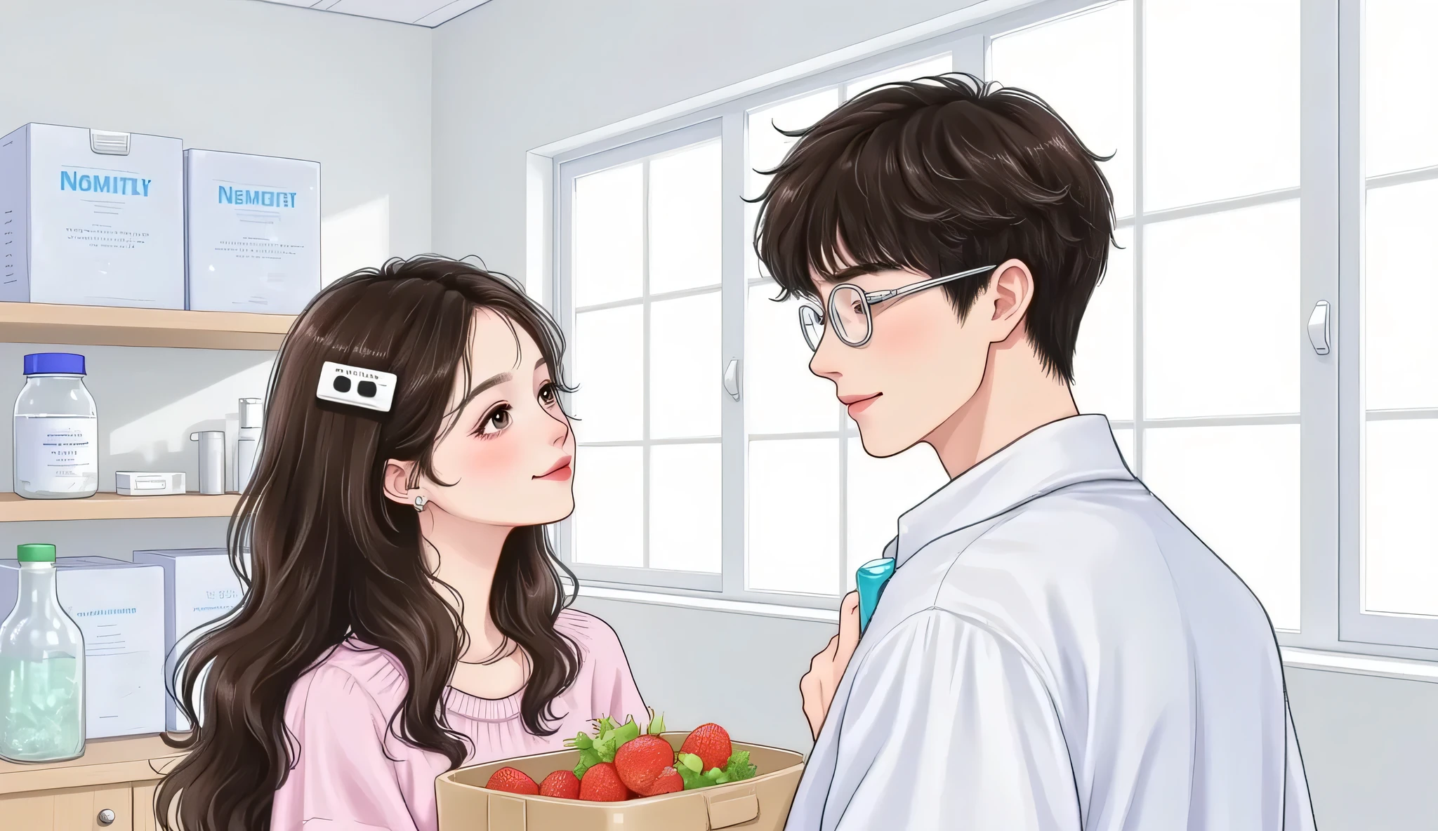 Manhwa-style illustration, semi-realistic. A beautiful girl with Douyin-style makeup, long soft hair, and fair white skin, smiling gently while holding a lunch box. She stands in a bright modern laboratory. In front of her is a tall, handsome man wearing a white lab coat and silver-rimmed glasses, with a cold but softened expression as he looks at her. Background shows scientific equipment and clean white walls. Romantic, soft lighting, glossy finish, highly detailed