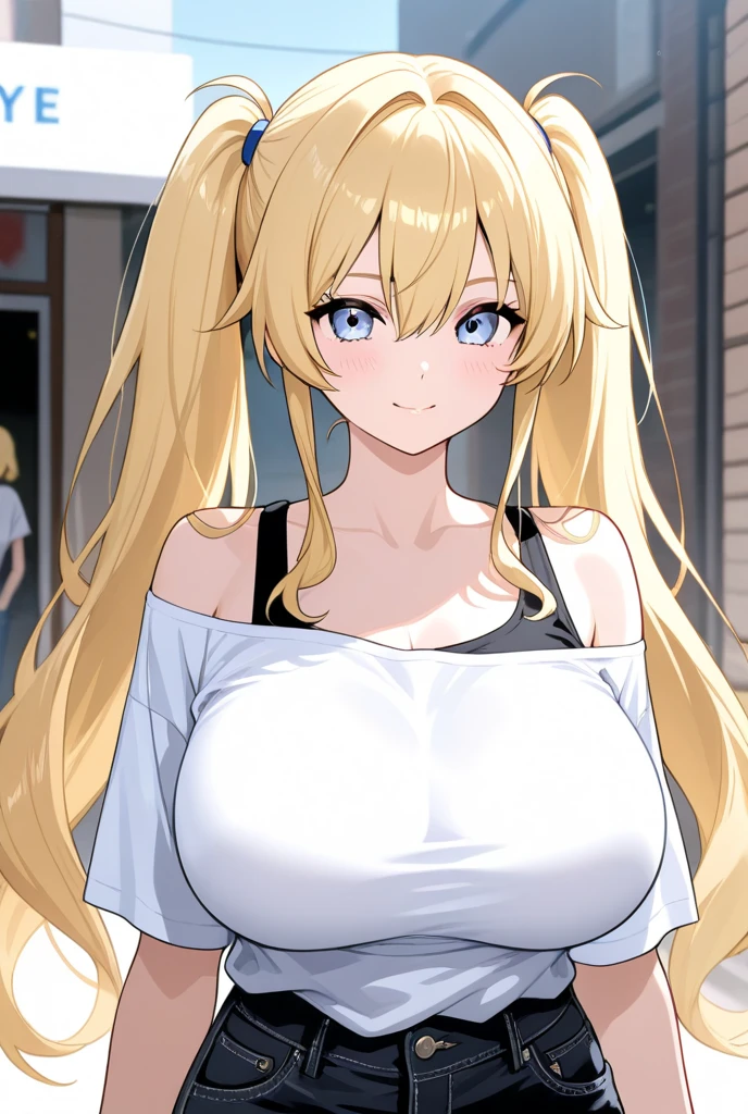 (best quality:1.5, highres, UHD, 4K, detailed lighting, shaders, perfect graphic), blonde long straight hair, right hair bang, glowing eyes, large breasts, white off-shoulder shirt, cleavage, crop top, black tight skirt, sexy, smiling, standing, pov, close shot, mall background, (blushing:1.2)