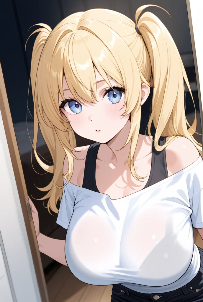 ((Masterpiece)), (Best Quality)), Illustrations, Lots of girls, Hair color, Bangs, Hairstyle fax, Portrait from the waist up, ((Average breasts)), Tanned girl, Body details, T-shirt, T-back swimsuit, Micro bikini, Girl, Dull long blonde hair, Blue eyes, Dull bangs, Lying on your back, Hands behind your back, Close mouth, Hopelessness, Portrait of face taken from crotch, Zoom to crotch, sweat, breasts pushing up clothes, smack face on buttocks, plastic bottles, wet mattresses, room cluttered with clothes