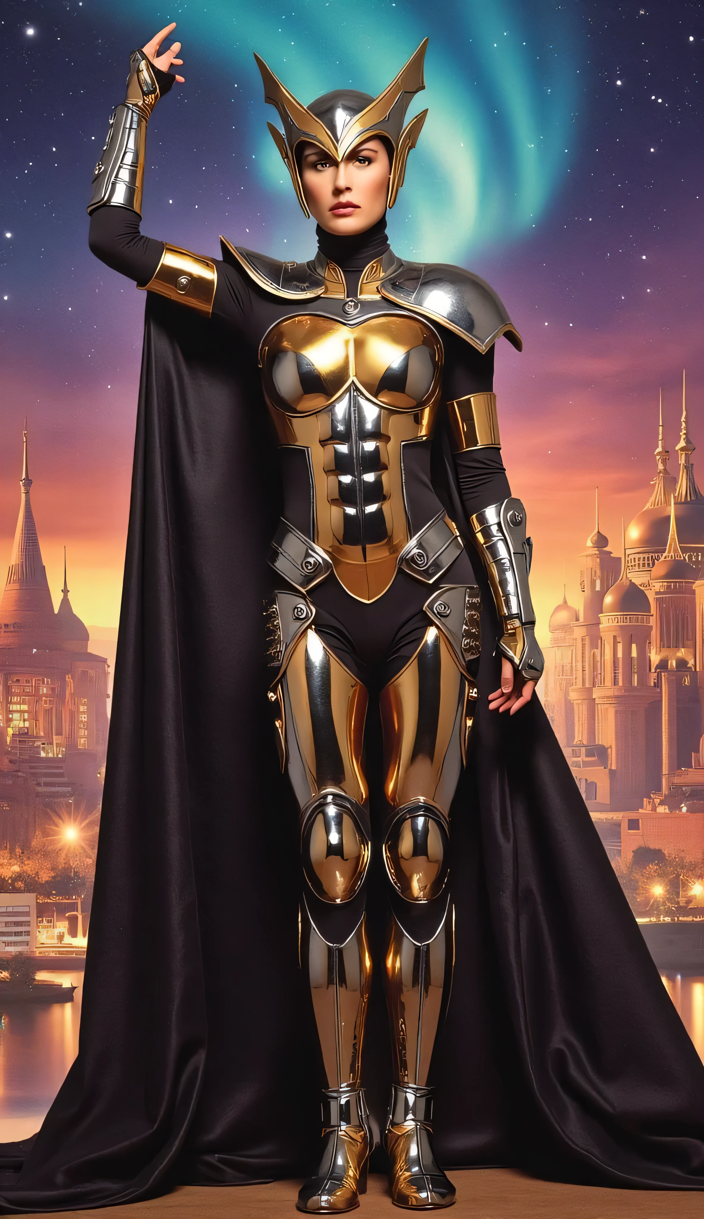 Demimoore as Lilandra Neramani, powerful, sci-fi warrior, queen, standing triumphantly, glowing alien skyline, striking form-fitting suit of chrome and gold futuristic armor, sculpted metallic plating that accentuates her athletic build, right arm is raised in victory, large elegant helmet with a regal design, long flowing black cape trails behind, surreal alien city, towering spires, domes, aurora-lit sky, dramatic and epic atmosphere, retro-futurism, classic comic book art, dynamic lighting, high-gloss detailing