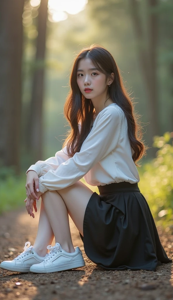 ((best quality, 8K, masterpiece: 1.3)), beautiful korean girl, pure, melon face, pleading eyes, open mouth, intimate desire, slender body, (front), (tilted head), long brown wavy hair, windy hair, long flowing shoulders, round black big eyes, rblack ound glasses, clear big eyes, moist red lips, sweet, sit down front view on green grass of meadow, backlighting, ((wide open legs:1.5)), blured background, bright lighting, open mouth, pleading eyes, ((((whole body)))), sexy slender legs, small firm breasts, lift your skirt, ((slim muscular body)), (M-legs:1.5), ((lifting you own skirt:1.5)), wearing shortsleeve open shirt and black pencil miniskirt, white lacy bra, upskirt white lacy panties, tilted head, (arms freely behind back)
