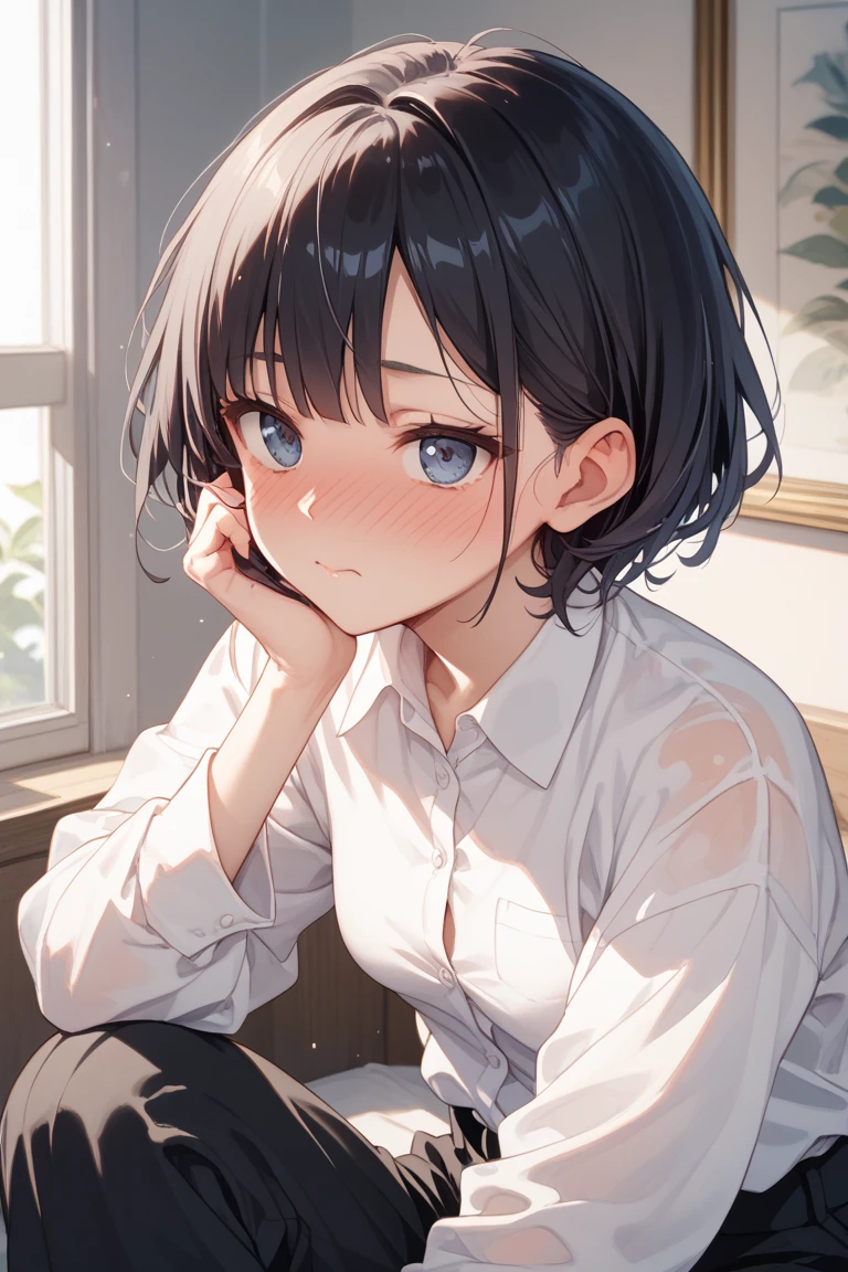 absurdres, RAW photo, extremely delicate and beautiful, masterpiece, Best Quality, ultra high resolution, 32k, hyperrealistic, ultra-detailed, perfect figure, in her 20s, very small head, very small face, delicate facial features, tearful mole, earring, huge breasts, legs, full body shot, medium hair, black hair, Colored inner hair, sweat, school_uniform,
