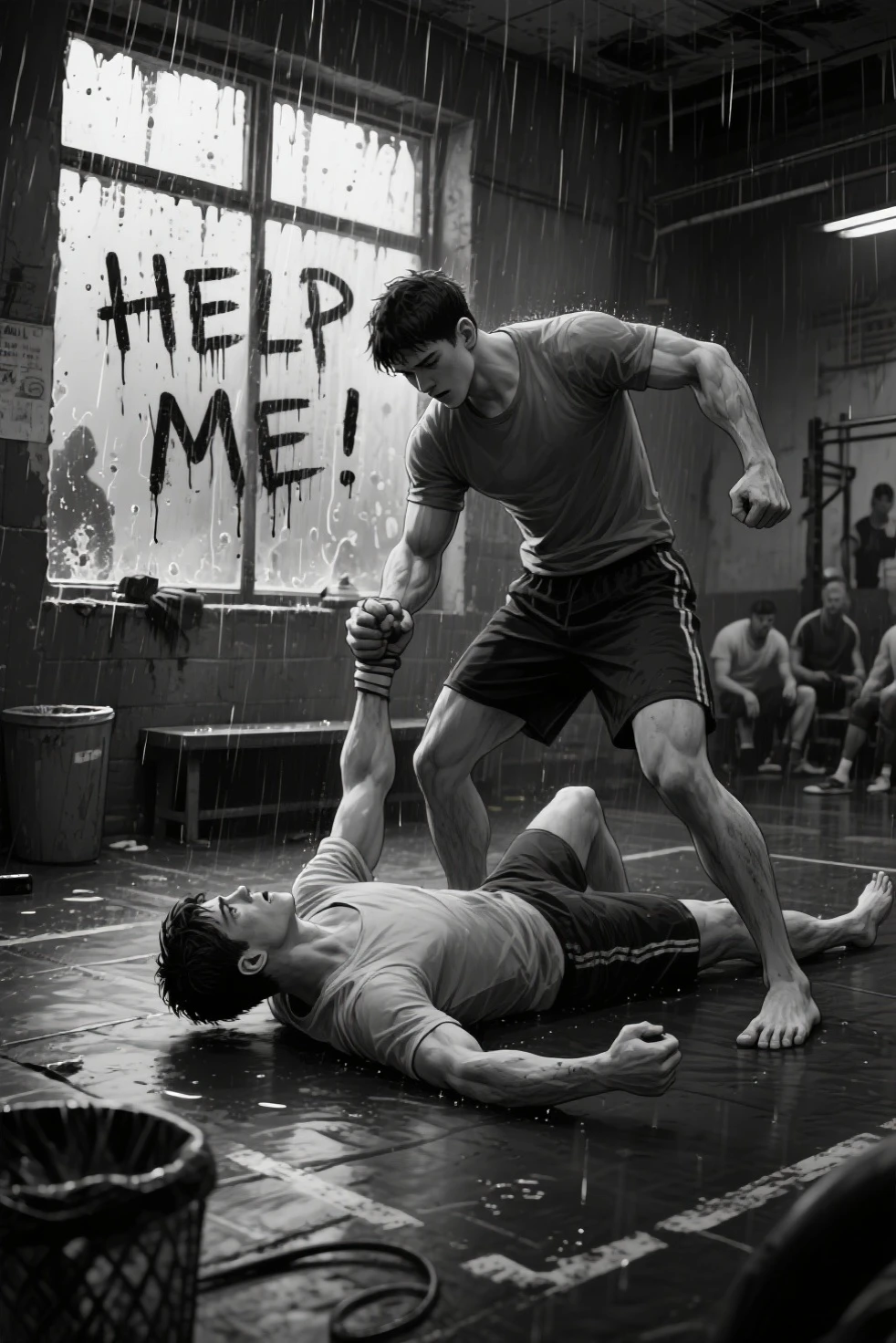 A cinematic image of a man wearing a white t-shirt and boxer shorts dragging an unconscious masked burglar through a door into a dark room, 16:9