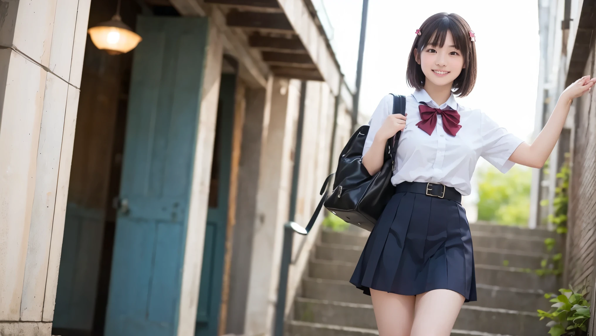 japan girl, short hair, black hair, junior high school girl, model, idol, school campus, teen, baby face, cute school uniform, girl, (14 years old), panties shot, manga, vibrant colors, cherry blossoms, traditional Japanese architecture, kawaii, (bright and warm color palette:1.1), natural lighting, soft shadows, delicate details, (high resolution:1.2), joyful expression, confident pose, school bag, friendship, youthful energy.((loose socks;1.2))