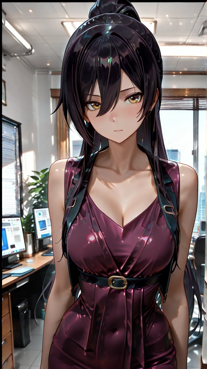 professional artwork, Intricate Details, field of view, sharp focus, detailed painting, photorealistic lighting, trending on pixiv,(masterpiece:1.0),(best_quality:1.0), ultra high res, ultra-detailed, photography, 8K, HDR, highres, absurdres:1.2, Kodak portra 400, film grain, sharp focus, bokeh:1.2, lens flare, (vibrant_color:1.2), (((indoors, office details))), Annerose, 1girl, female mature, black hair, long hair, (yellow eyes), ((leotard:1.4)), skin tight, hair intakes, (solo:1.4), (upper body, half body shot), seductive, (((seductive pose))),