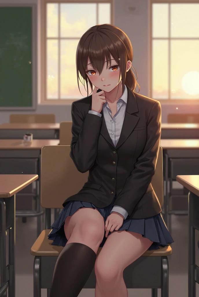 (official art、highest quality、Unity 8k wallpaper、32K、masterpiece、super detailed、超high resolution、realistic、Photoreal:1.2)、(cinematic lighting:1.2)、fire glow effect、film grain、best shadows、rim lighting、side light、(Super detailed and complex 3D rendering)、Background like Makoto Shinkai、detailed beautiful face and eyes、(Beautiful and sharp pupils)、masterpiece, high resolution、highest quality, ultla highres, maximum resolution, very detailed, professional lighting, beautiful skin, 28 year old woman、very pretty、OL、neck strap、hang your employee ID card around your neck、Name Cards、cardigan、At work in the office、desk、((Tight Skirt、sit in a chair、deskの下で、Spread your legs a little and show off your panties:1.6))、pc、bright hair color、neat bangs、bangs、dull bangs、suit、Jacket、setup、Office Lady、(close your eyes a little、squint your eyes、grin、Lower your eyebrows、Provocative attitude)、deskの下からのアングル、(((super low angle)))、(((Precise human body structure、Correct and accurate number of limbs、Correct and accurate number of fingers)))