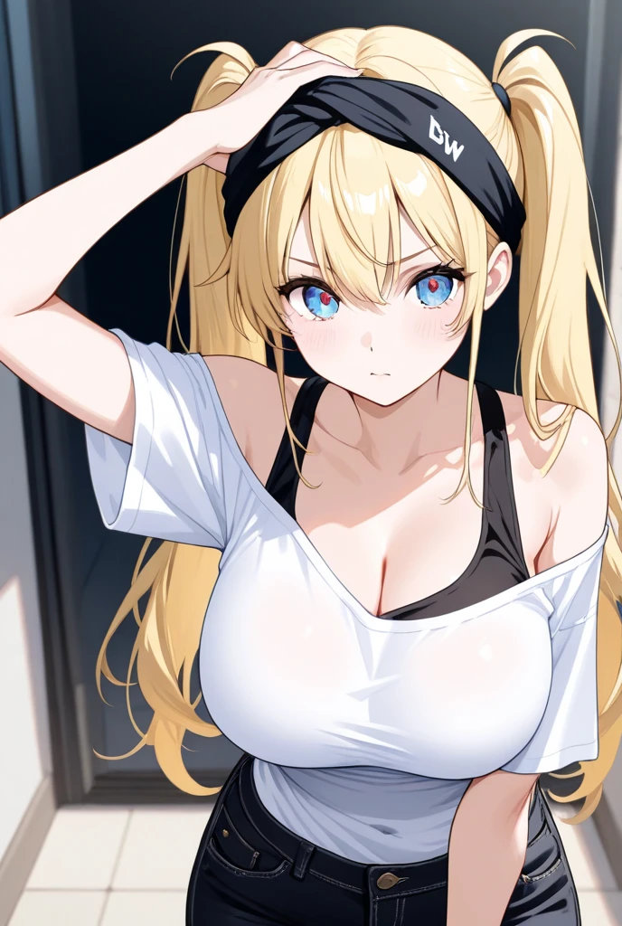 (((ultra realistic))), photo, masterpiece, best quality, trending on artstation, (handjob:1.4), (penis:1.5), (long blonde hair:1.3), detailed eyes, heavy eye makeup, mascara, detailed hair, pov handjob, (large breasts:1.2), (cleavage:1.2), (special attention to skin and cleavage:1.2), (detailed skin and pores:1.2), (grey sports bra:1.4), yoga trousers, slim waist, bokeh, depth of field, ultra detailed, (dark, gloomy atmosphere:1.2), nsfw, dormroom interior, neon lights