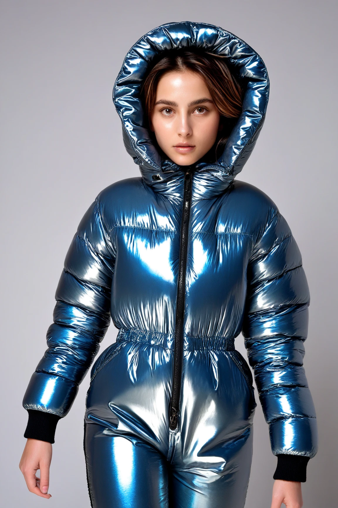 thin athletic arafed woman posing in front of a black building, a picture by Adrian Zingg, trending on cg society, arabesque, ( Super shiny metallic royal blue coloured fashionable puffer Winter Outerwear:1.4) , super full puffer jacket, extra full thick jacket, super short jacket, tight blue dark silver leggings, beautiful blonde girl, alexa grace, wearing bikini and puffer jacket, designer bikini, (open jacket:1.1), small bikini, super thin, anorexic, fit girl, young and cute girl, blonde girl, narrow hips:1.2, wide shoulders:1.2, thin hips:1.2, round fit ass:1.2