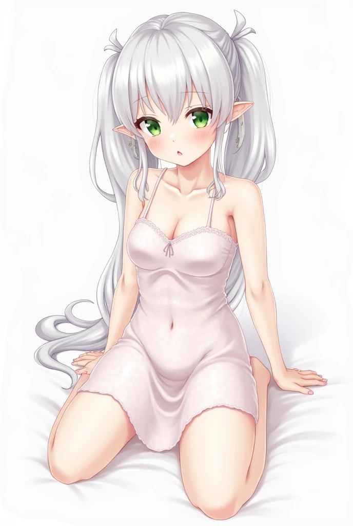 Adult anime girl with brown skin, green eyes, white hair and elf ears wearing a white dress 
