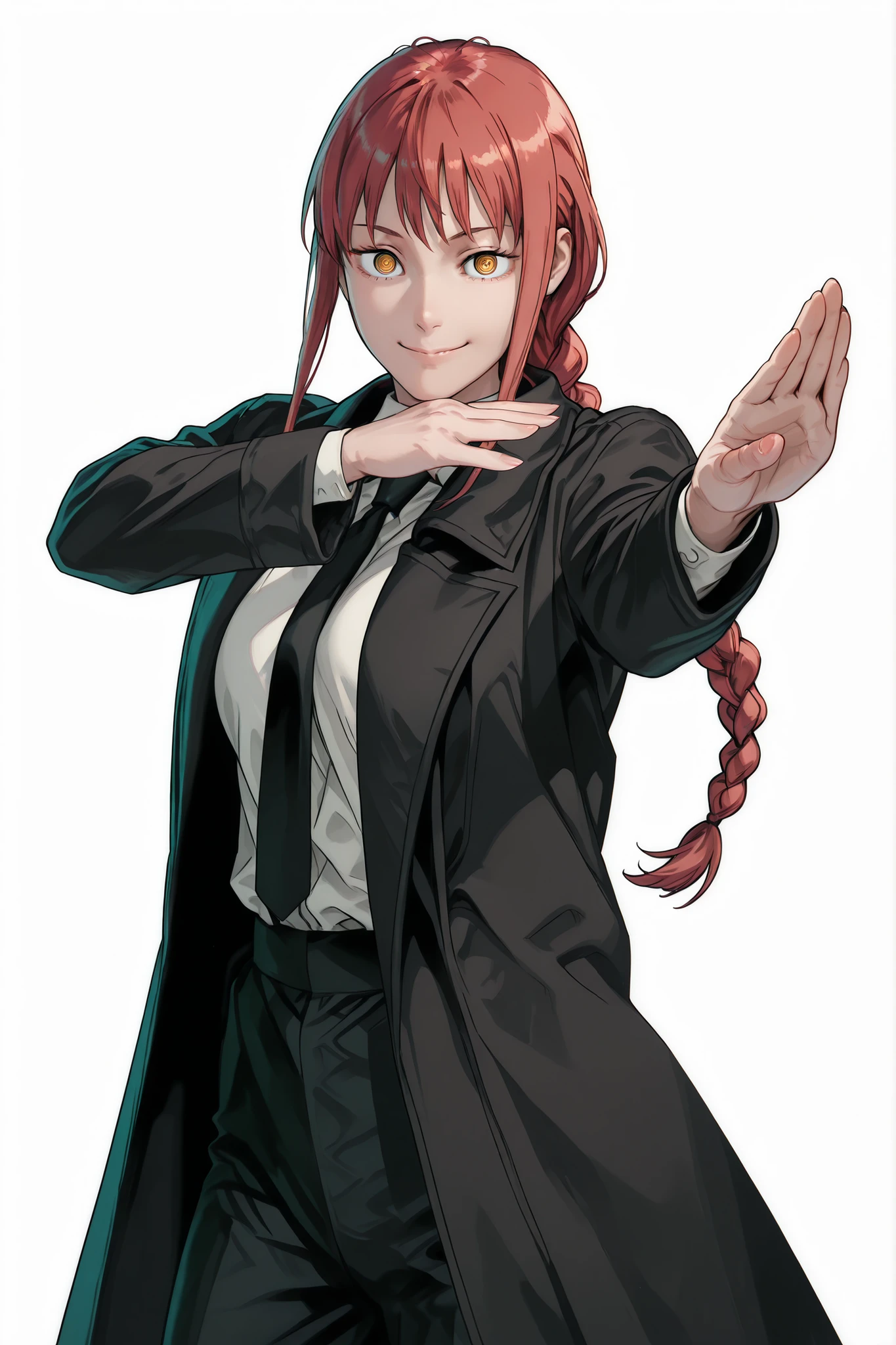 score_9, score_8_up, score_7_up, score_6_up, score_5_up, score_4_up, 
BREAK
(masterpiece: 1.0), best quality, perfect anatomy, perfect composition, perfection, Realistic proportions, realistic anatomy, by Yusuke Murata
BREAK
use of shape theory, use of anatomy, defined body, defined textures, defined fabric folds. 
BREAK
Elegant, graceful, amazing anatomy, perfect form, perfect face, perfect hands, correct anatomy, high res, absolutely breathtaking, color variance, color tones, color contrast, kinu nishimura
BREAK
1girl , very cute face , Makima, ringed eyes, red hair, braided ponytail, bangs, yellow eyes, sidelocks, medium hair, long hair, office outfit, black coat, smile, fighting stance , white background , looking at viewer , dynamic pose , cowboy shot ,