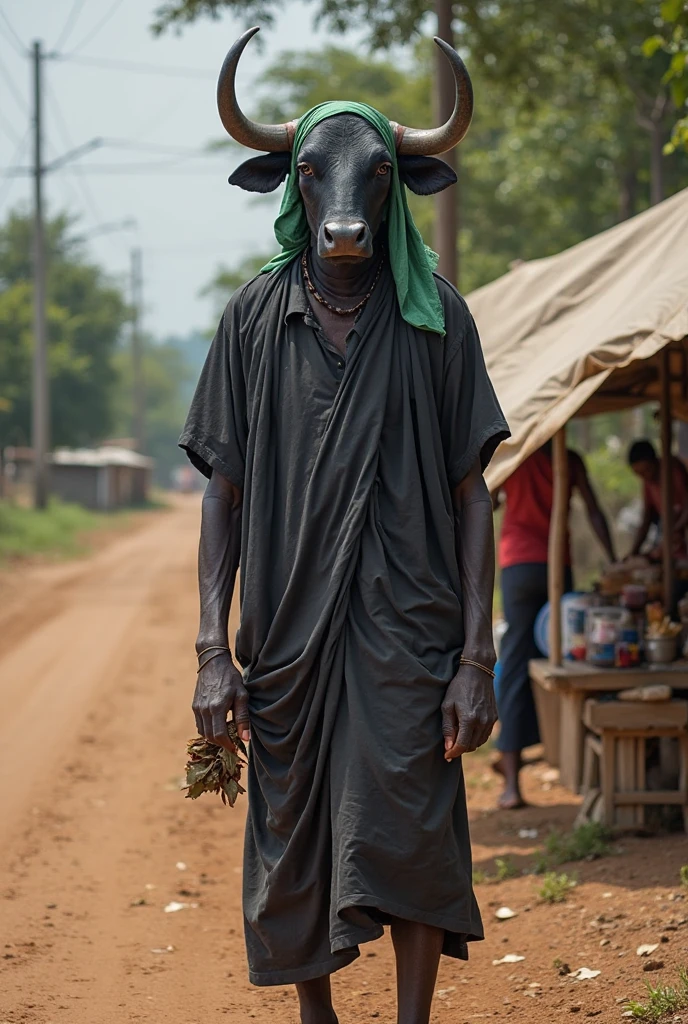 A indian Villan like Face bloody clothes and Bloody hands Holding up a Bloody Machete Over The Standing Goat neck and blood is all over on Ground written Eid Mubarak on Ground By Blood