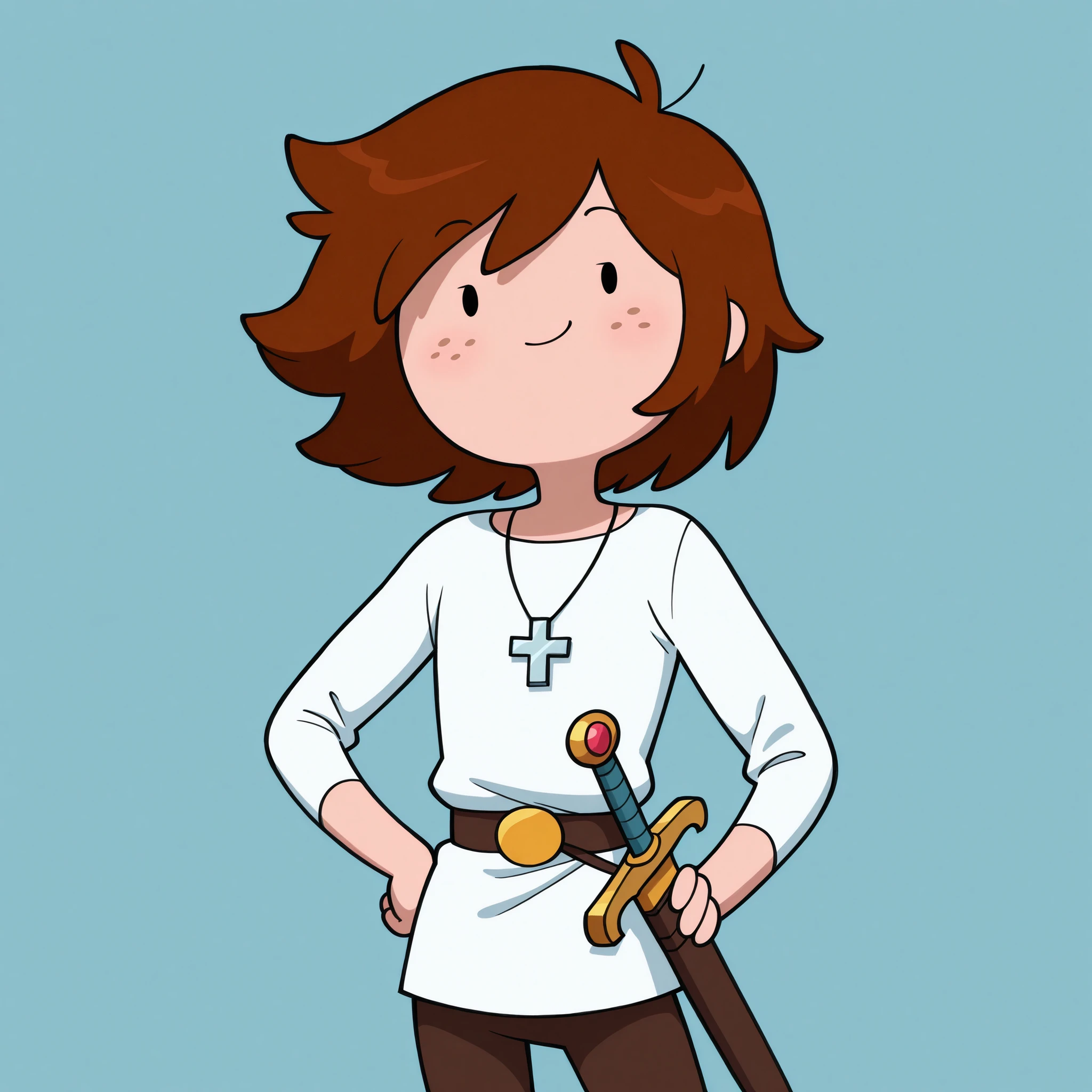 masterpiece, best quality, amazing quality, very aesthetic, absurdres, high res, shiny skin, adventure time, 1man, solo, short messy brown hair, dot eyes, freckles, muscular body, slim, white tunic, long sleeves, brown pants, sheathed sword, silver cross necklace, smile, hand on hips, standing, looking at viewer, simple background, from the front view