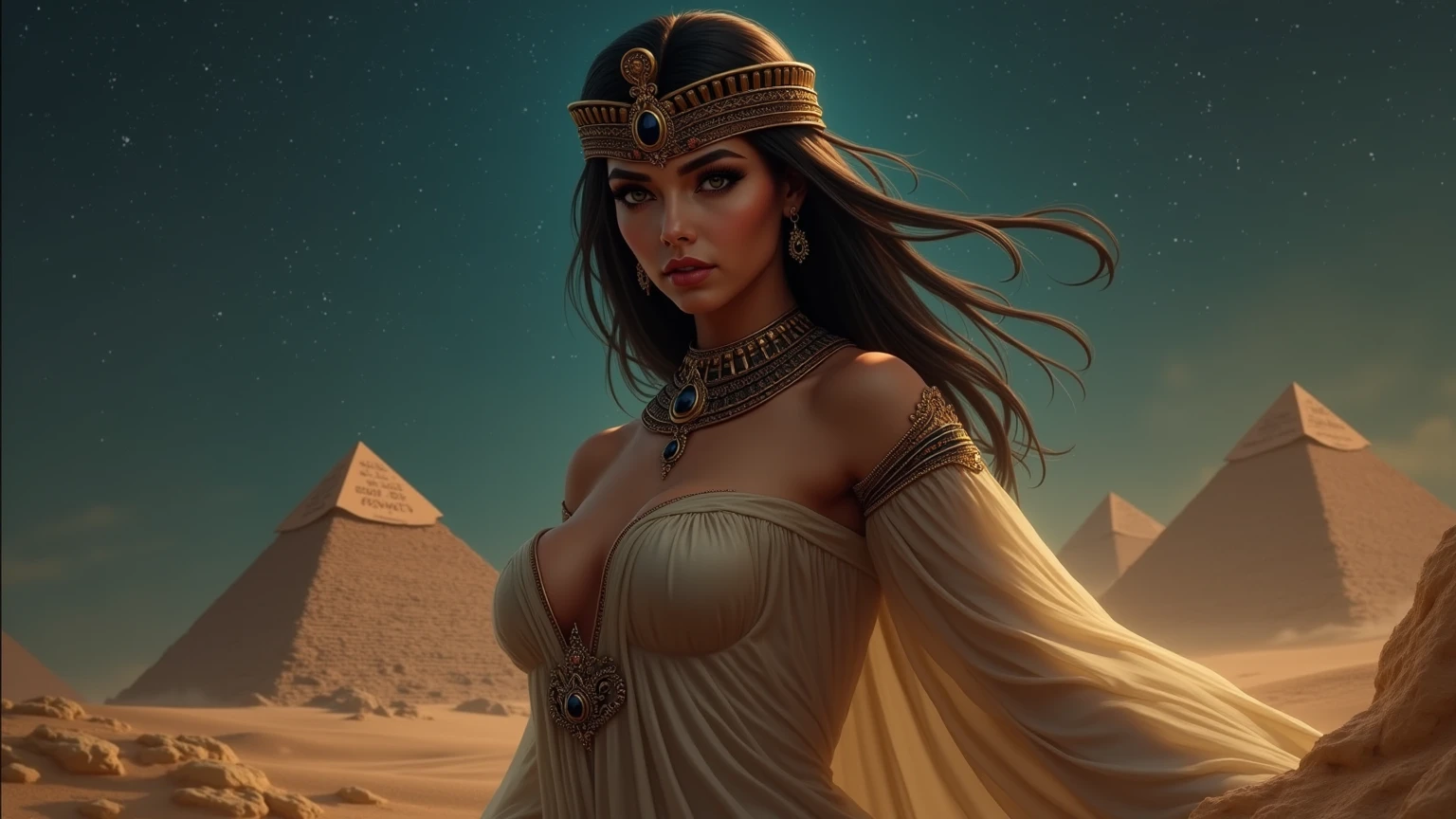 (masterpiece, top quality, best quality, official art, beautiful and aesthetic:1.2), (1girl:1.3), long and straight black hair, tanned skin, extremely detailed, portrait, looking at viewer, solo, (full body:0.6), detailed background, close up, mischievous eyes, (hot summer Egypt theme:1.1), Egyptian priestess, gold Egyptian mask, pharaoh death mask, gold facemask, winged eyeliner, (very long neck), pharaoh nemes, mummy mask, Persian nose, bold nose, long nose, arched nose, downturned nose, large nose, dark tan skin, charlatan, smirk, mysterious, walking in desert, revealing white and gold and sapphire Egyptian silks, cobra headdress, white short skirts, ((draped halter top), criss cross halter top, criss-cross halter top, criss cross straps, criss-cross straps), jewelry, white fabric, gold jewelry, precious stones, dual sickle swords, ((((gigantic breasts, cleavage, skindentation)))), slim waist, slim hips, long legs, ancient (Egyptian temple exterior:1.1) background, dark mysterious lighting, shadows, magical atmosphere, dutch angle,