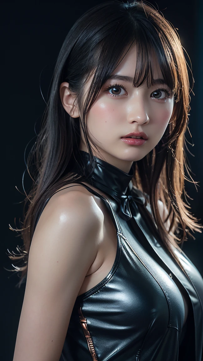 Photo studio、Rubber texture black purple silver leather blazer suit、Shiny black silk shirt、(Large Breasts:1.4)、Japanese、Gravure idol、Cute 18 year old girl,Black hair in a ponytail, masterpiece, 最high quality, 超high quality, high quality, High resolution, 超High resolution, Absurd, 4K, 8k, 16K, Very detailed, Realistic, photo Realistic, RAWphotograph, photograph, Super Fine Illustration,Beautiful Face、Realistic Face、(Ultra detailed hair)、(Ultra-detailed eyes)、Beautiful details、Realistic Skin、Perfect Anatomy、(Detailed skin)、Beautiful Skin、Charm、Ultra high definition、Ultra-realistic、Correct Anatomy, Perfect proportions