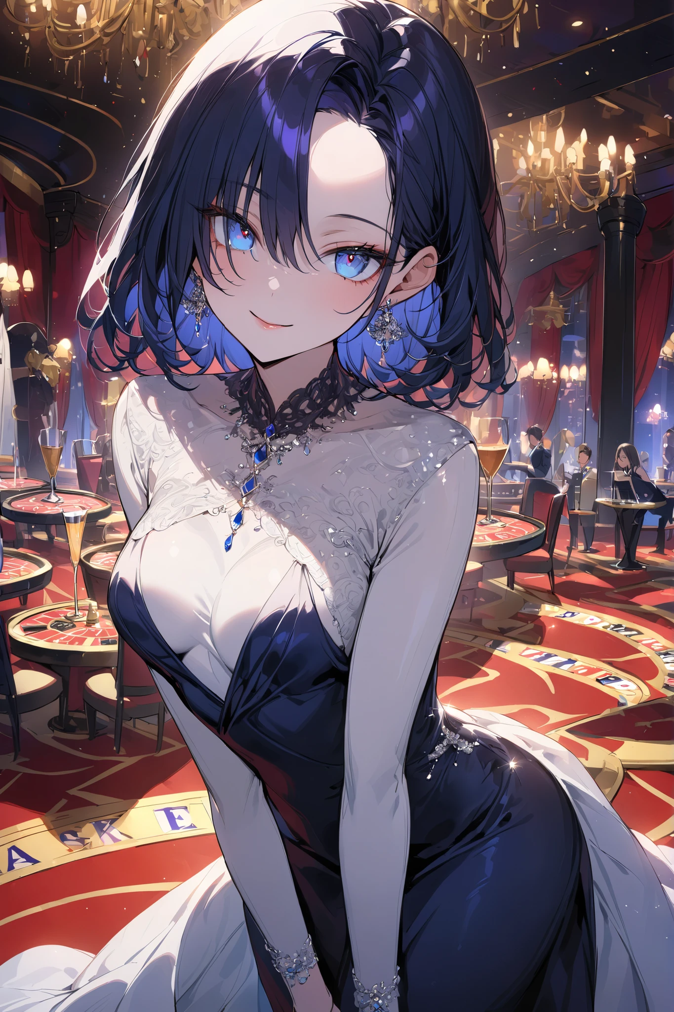 solo, female, sfw, pose, jewelry eyes, medium shot, extremely attractive, flawless porcelain skin, long lustrous dark blue hair, blue eyes, medium breasts, hourglass figure, bored, pose, luxurious, modest cocktail dress, ball room, mink wrap, smile, casino, champagne glass