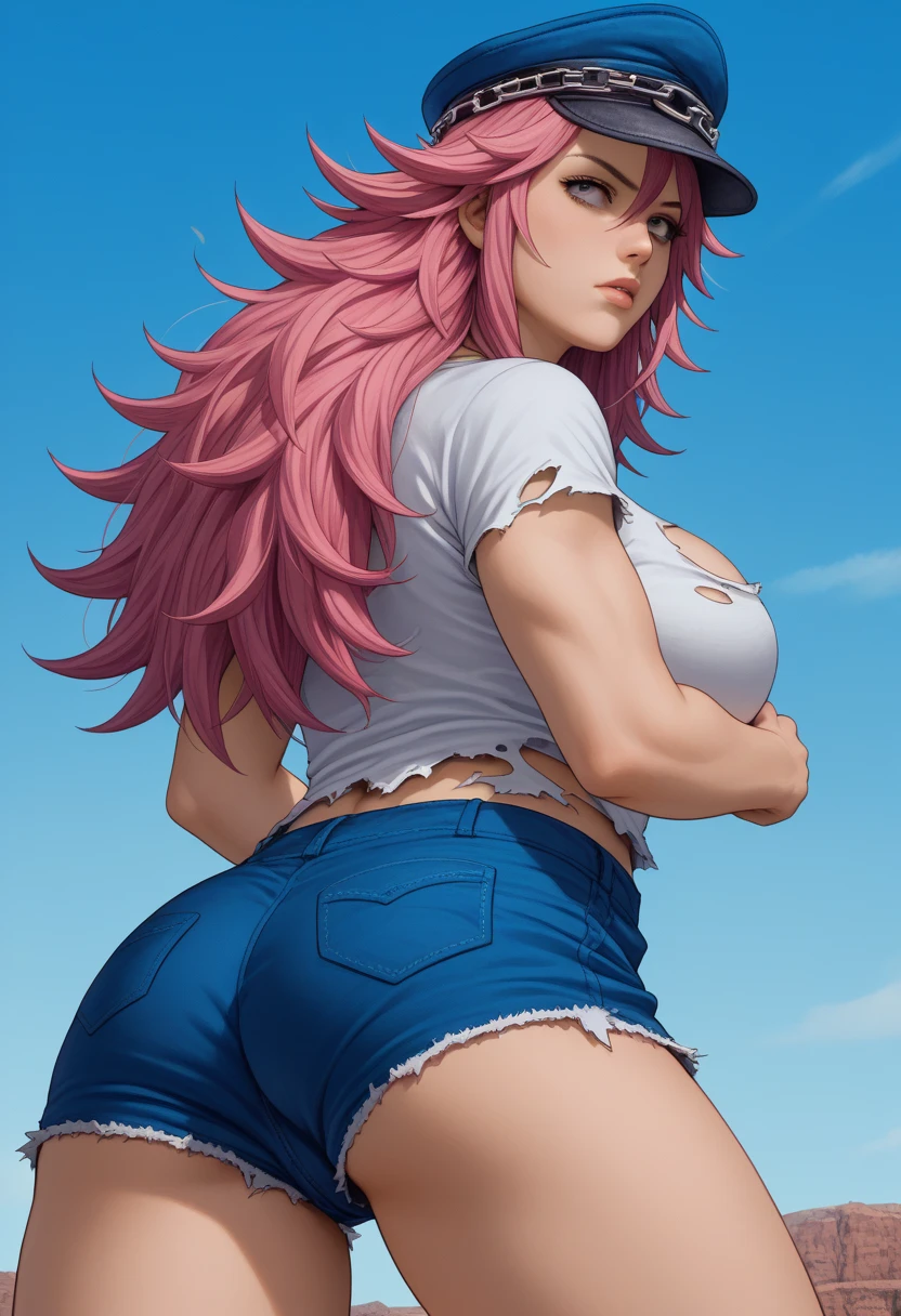 score_9, score_8_acima, score_7_acima, origem_anime break 1girl, Sozinho, cowboy shooting, looking to the side,
  poisonff , cabelo rosa, olhos azuis, spiky hair, cap, gargantilha, colar, camiseta, short shorts, shorts de brim, torn clothes, androgynous, rear shot, bunda gorda, behind, acabou, looking back,
huge breasts, entediado, lips, puckered lips, irritado, 
ao ar livre, rua, blue sky, nuvem,