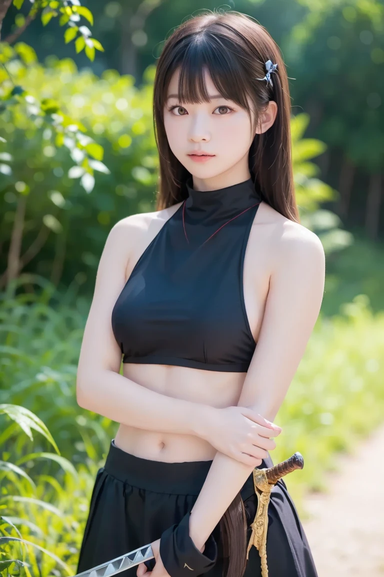 Very beautiful woman, Highly detailed eyes, Highly detailed face, Sexy and highly detailed lips, Super detailed everything, Attractive woman, Black Choker, blue eyes, Very long eyelashes, bangs, Big Breasts, , highest quality, masterpiece, ((Slim face)), Japanese actress, servant, ((High nose)), ((hiker, Hiking boots)), Happy atmosphere, , ((forest, Deep in the mountains, Herb Grove)), Medium Hair、Ice axe、knife、mini skirt、(Full body photo)