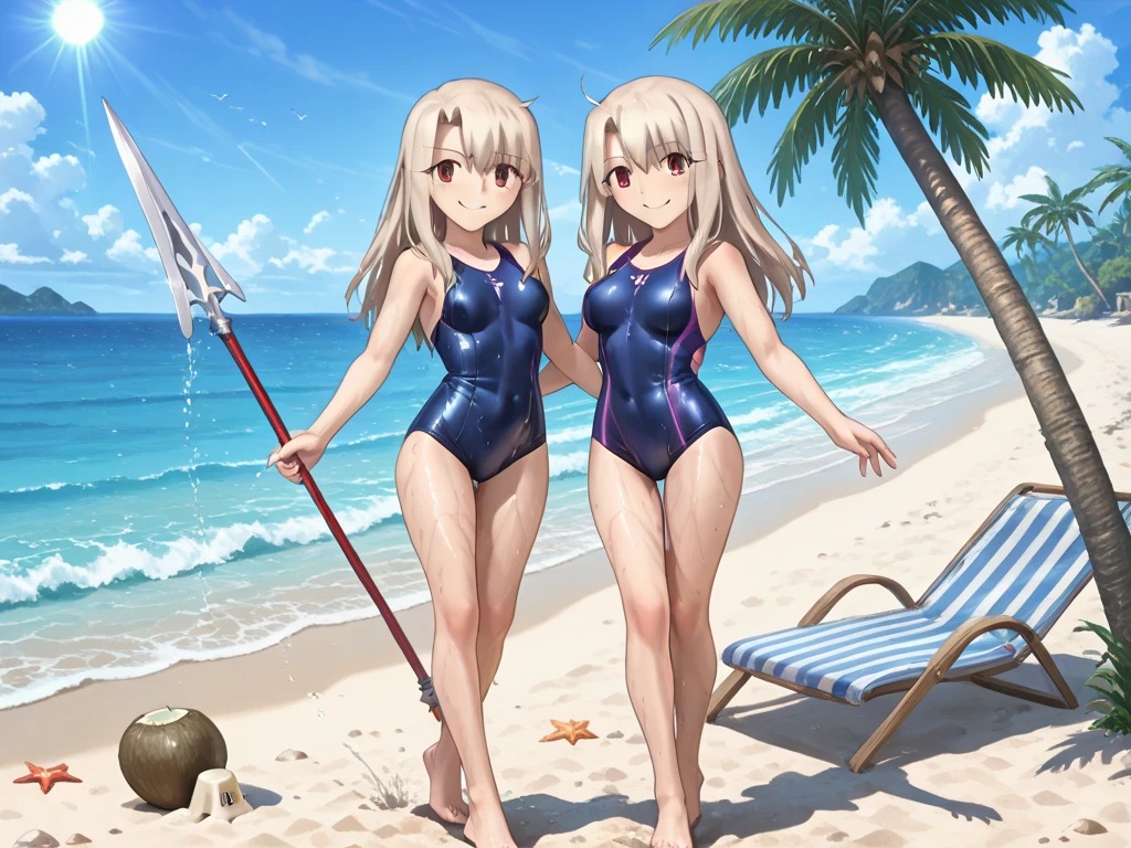 (masterpiece),best quality:1.5, ultra-detailed, high resolution, high quality, 16K, ((2heads:1.5)), ((white hair)), ((black hair)), (different hair colors), (1girl), conjoined twins, girl with two heads cleavage, ((underboob bikini)), ((pink eyes)), ((blue eyes)), ((different eye colors)), long hair, sexy woman, gentle smile, seductive woman, sexy silhouette, blushing, ((waterpark background))