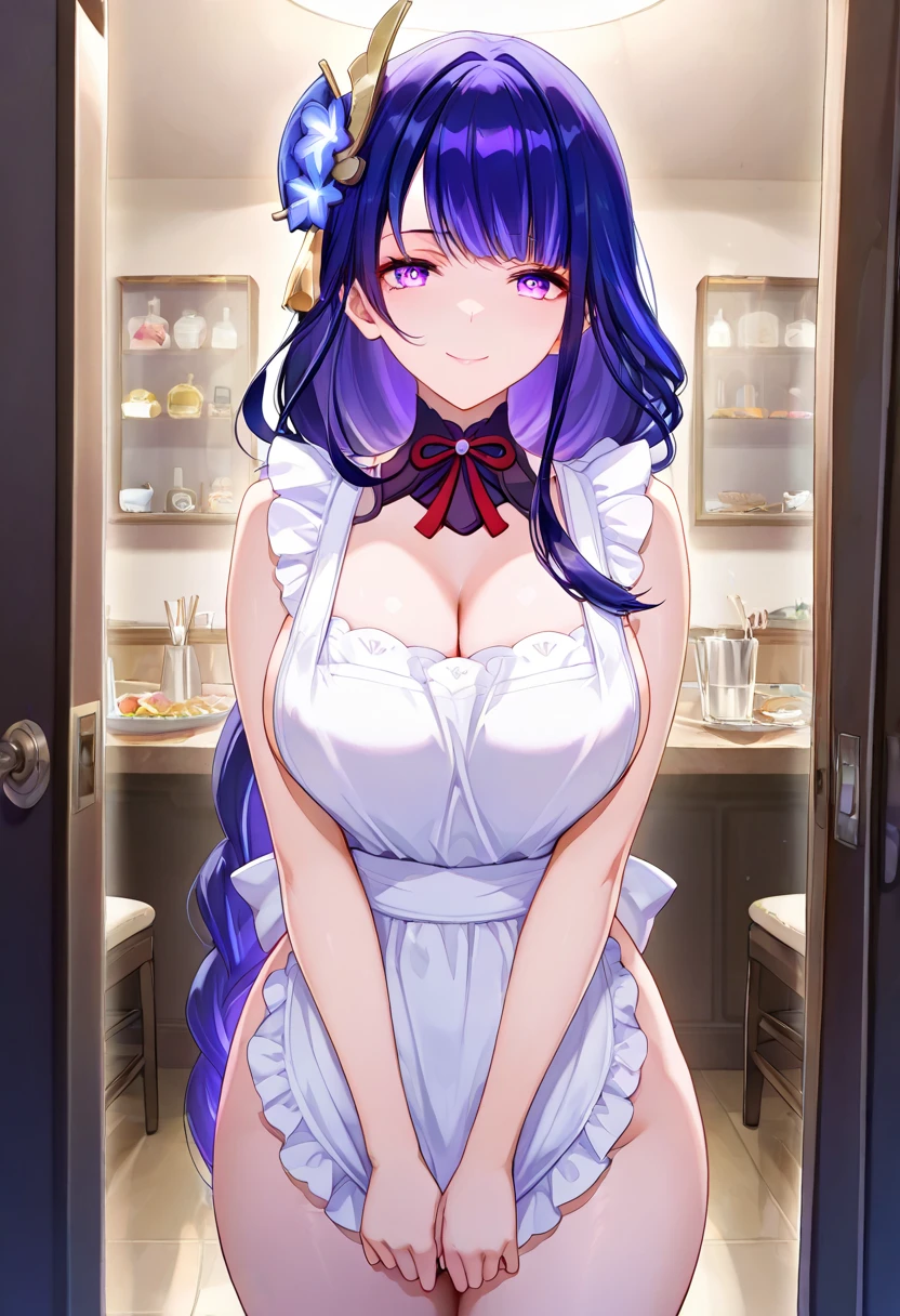 ultra-detailed,(best quality),((masterpiece)),(highres),original,extremely, beautiful wife, milf, raiden shogun, attractive mature lady, maid, mature, beautiful face, mature smile, closed mouth, sexy, erotic, 1girl, purple eyes, large breasts, beautiful breasts, Cleavage, purple hair, attract light, looking at viewer, naked apron, Luxurious residence, dining room ,