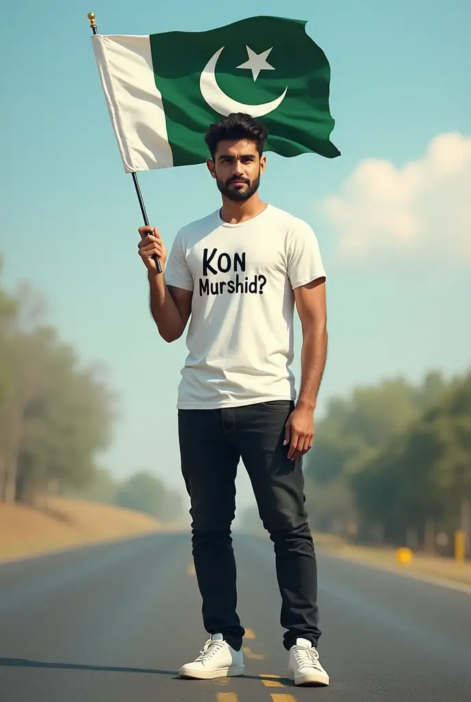 Generate a realistic 27 year old boy, wearing white casual shirt and black jeans and sneakers and the name "Kon Murshid ?" and written on his shirt and boy is Standing on the road with holding a national flag of Pakistan, and And written on sky create realistic image.