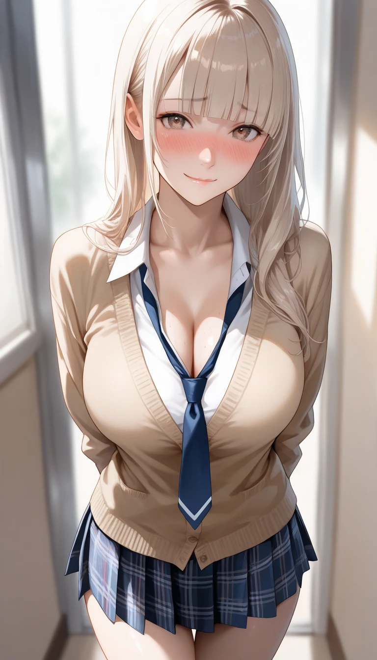 (8K、Highest image quality、highest quality、masterpiece)、detailed face、((two dark-skinned girls))、blonde、Short and long hair、gray eyes、evil laugh、earrings、Moderate chest、((cleavage))、((Unbuttoned white shirt))、((gray cardigan))、black pleated skirt、cowboy shot、sit at a desk and chair、classroom background