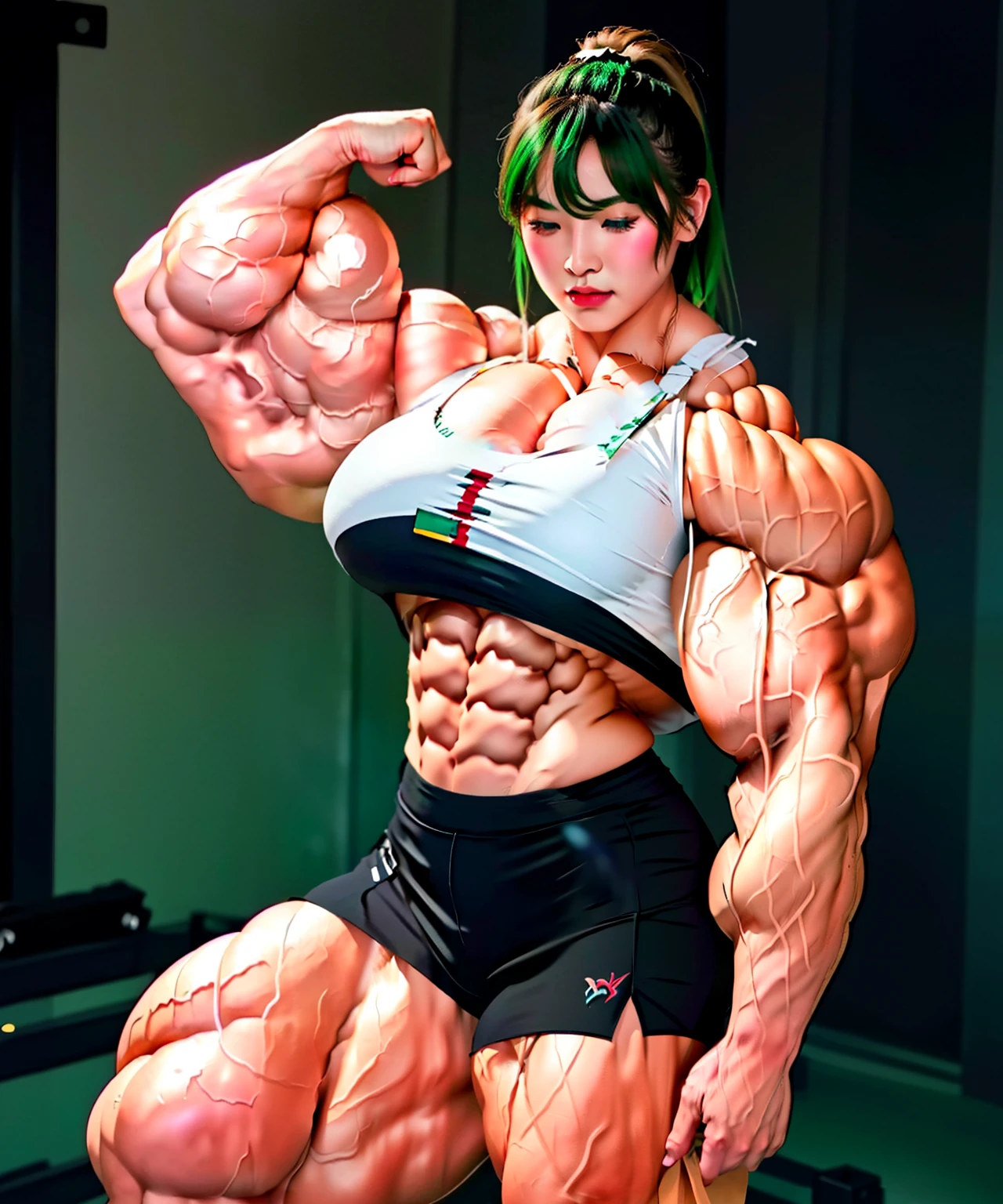 (((1 girl))), (Tatsumaki of a punch man), (short green hair), (green eyes), , (((wearing bikini))), full body view, (in the room a motel) , (((slim, muscular legs))), thin waist, stomach muscles, big ass, (((full body photo))), wearing a green high heel shoe, (((facing me with her arms crossed))) , (((grumpy))), (HDR), eye flare, extended eyes, extended eyes, moody, anime, minimalism, anime style, ray tracing, Cinematic lighting, Cinematic lighting, Shine, Shine, jpeg artifacts, bright light, god rays, ray tracing, drop shadow, Panorama, Sony FE, from behind, Underneath, Underneath, Ultra-HD, artwork, precise, precise, anatomically correct, super detail, high quality, best quality, very high, 16kbest quality,highres,ultra-detailed,realistic,(strong, muscular, powerful:1.1),(fit, athletic:1.2),(intense, determined:1.1),big beautiful eyes,strong jawline,(sculpted, defined:1.1) arms and legs,tattoos,(fierce, confident:1.1) expression,(long, flowing:1.1) hair,(sweating, glistening:1.1) body,contoured muscles,(dynamic, energetic:1.1) pose,flexing biceps,shredded abs,colorful gym attire,(weightlifting, bodybuilding:1.2) equipment,(dumbbells, barbells:1.1),bright gym lighting,gritty texture,professional fitness photography,high contrast,high key lighting